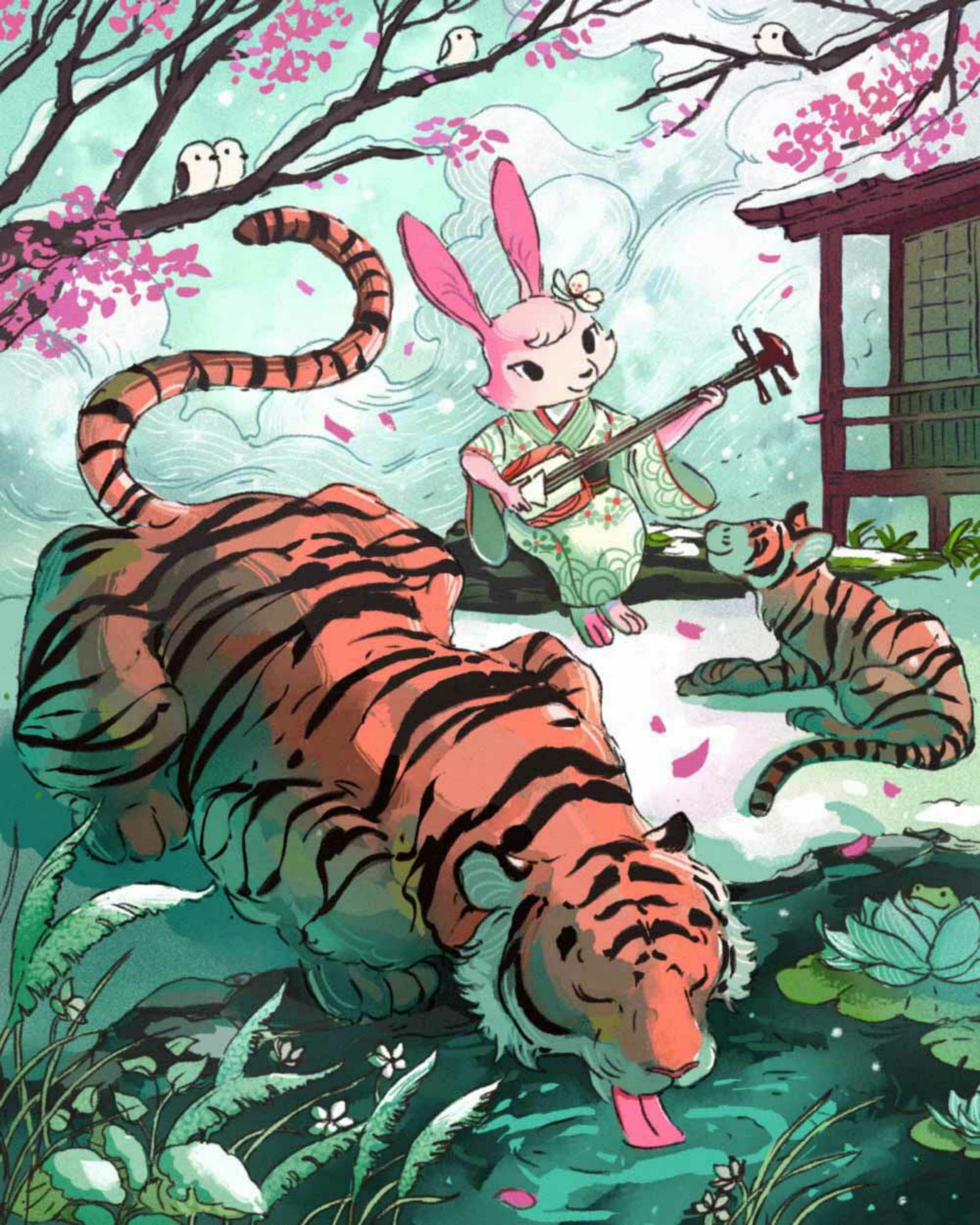 A digital painting of two tigers and a pink bunny
  The bunny is wearing a kimono and playing a shamisen.