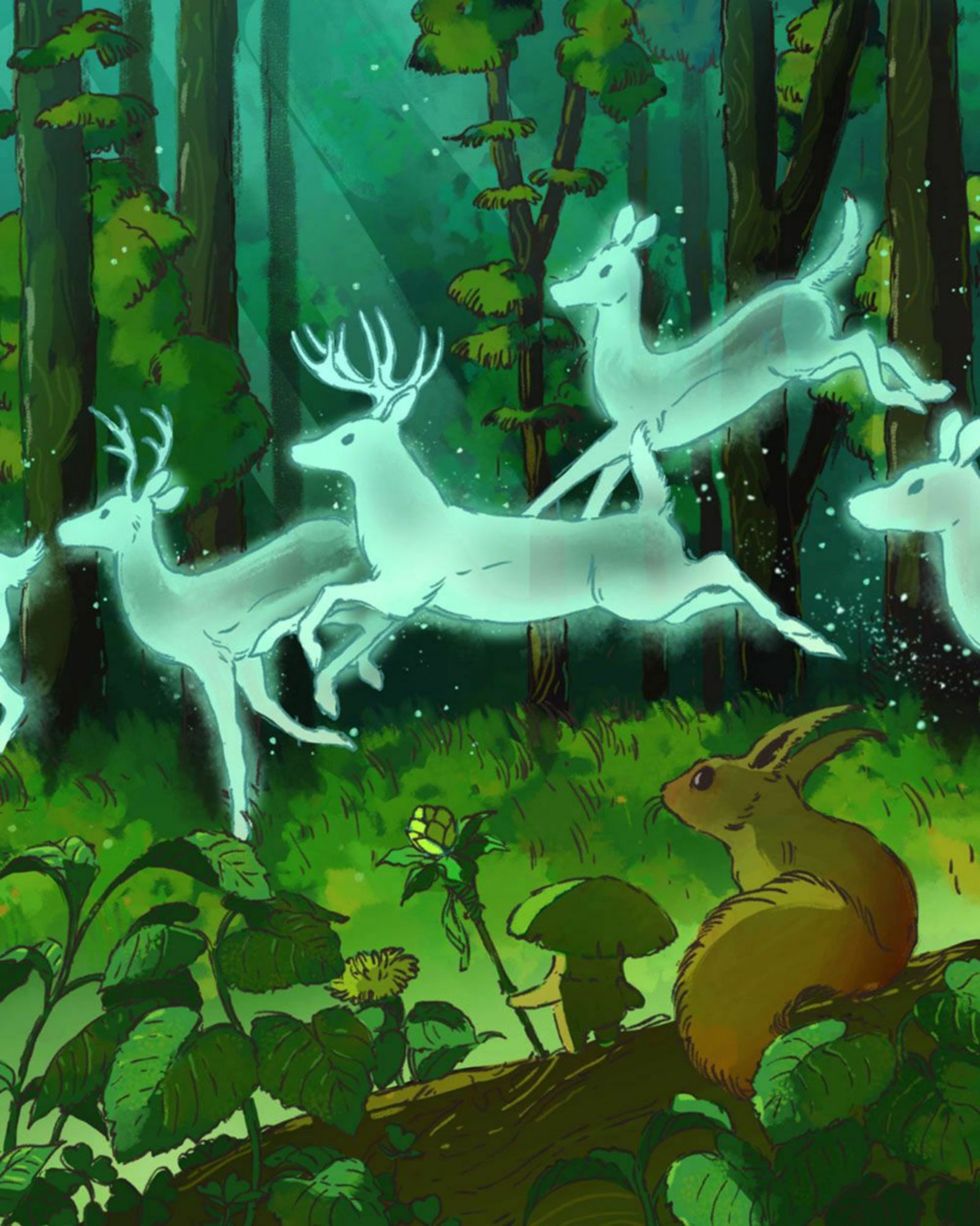 A digital illustration of a forest.  At the center are ghost like deer running across the scene.  In the foreground are a red squirrel and mushroom.  The mushroom is holding a staff.