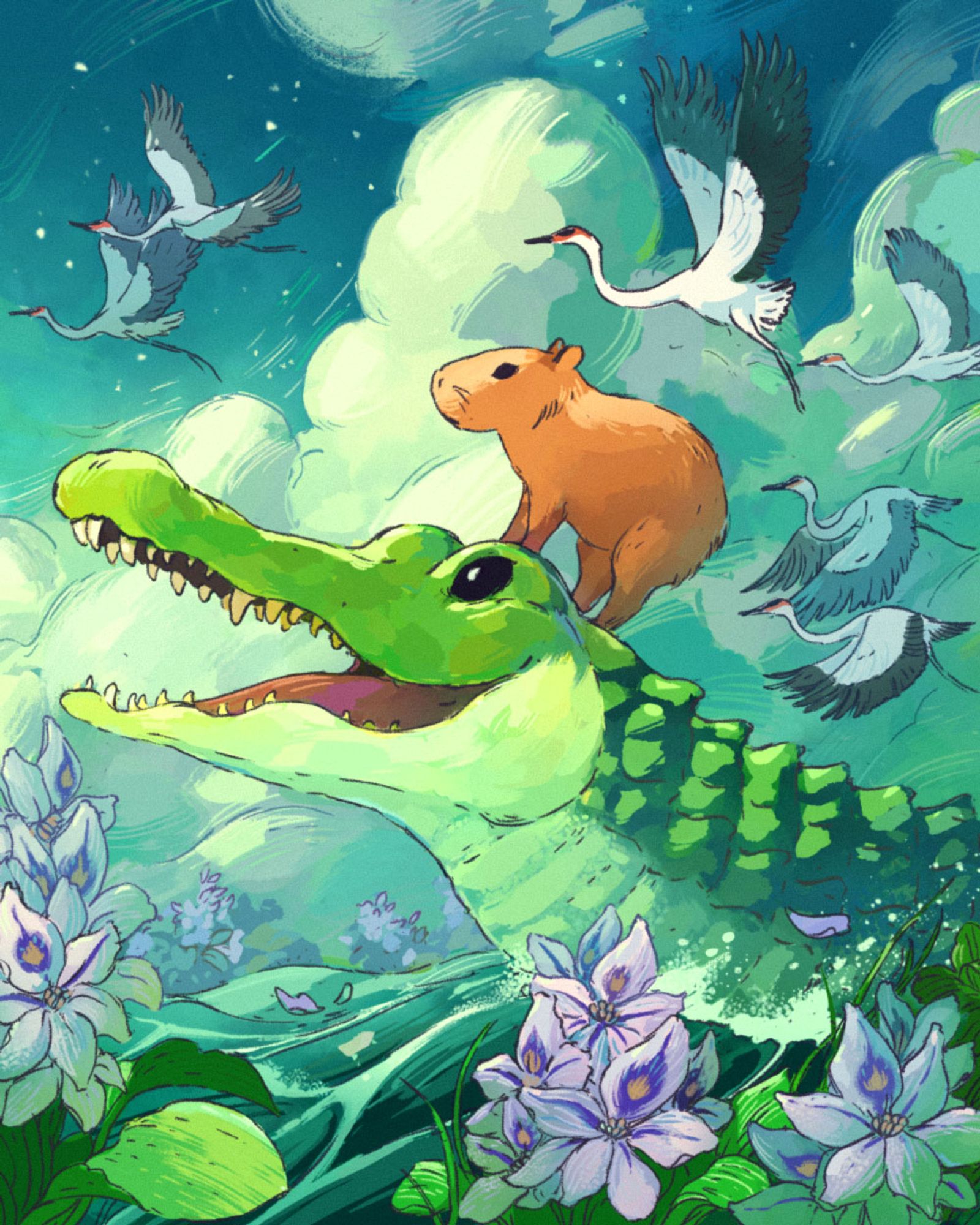 Digital illustration of a capybara standing on a crocodile. Water hyacinths are in the foreground. A flock of cranes are drawn in the background.