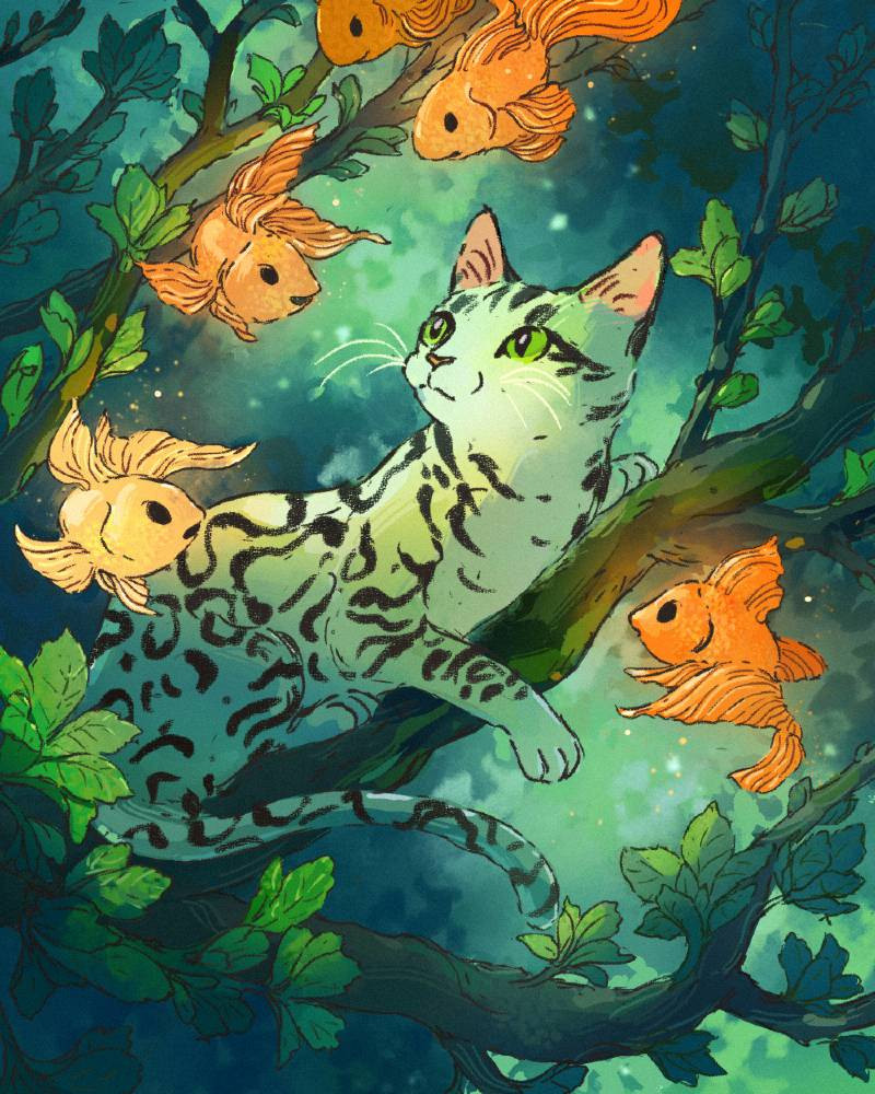 Digital illustration of a bengal cat in a tree.  The cat is surrounded by glowing goldfish.  