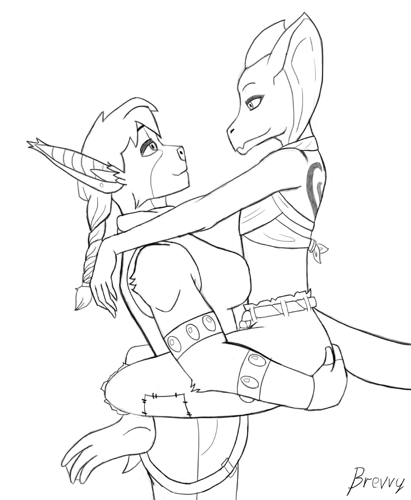 Jodie, a muscular female bat character carrying her girlfriend Basil, a female basilisk lizard; she's got her legs wrapped around Jodie's waist and arms on her shoulders. They are both looking into each other's eyes lovingly