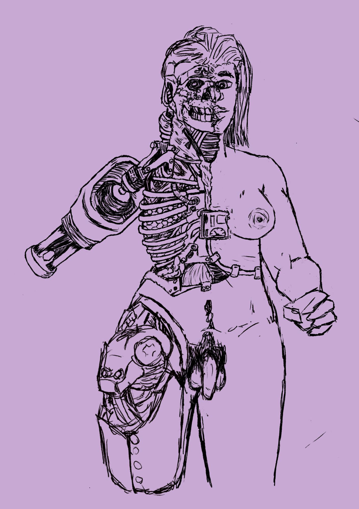 A sketch of a cyborg woman with exposed machinery across her right side. The look on her face is fairly calm and placid.