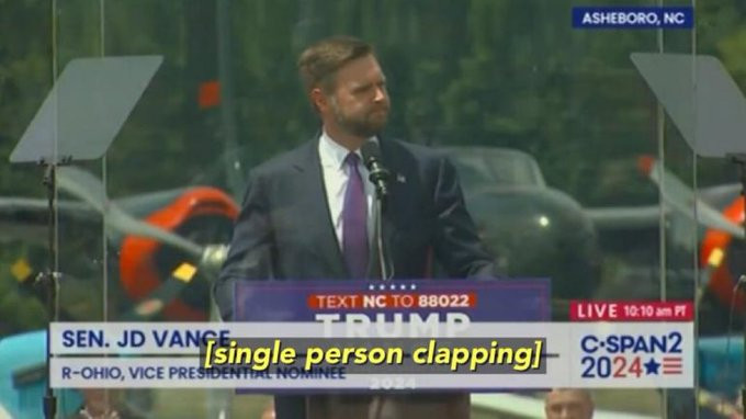 JD Vance at a NC rally with the caption "single person clapping"