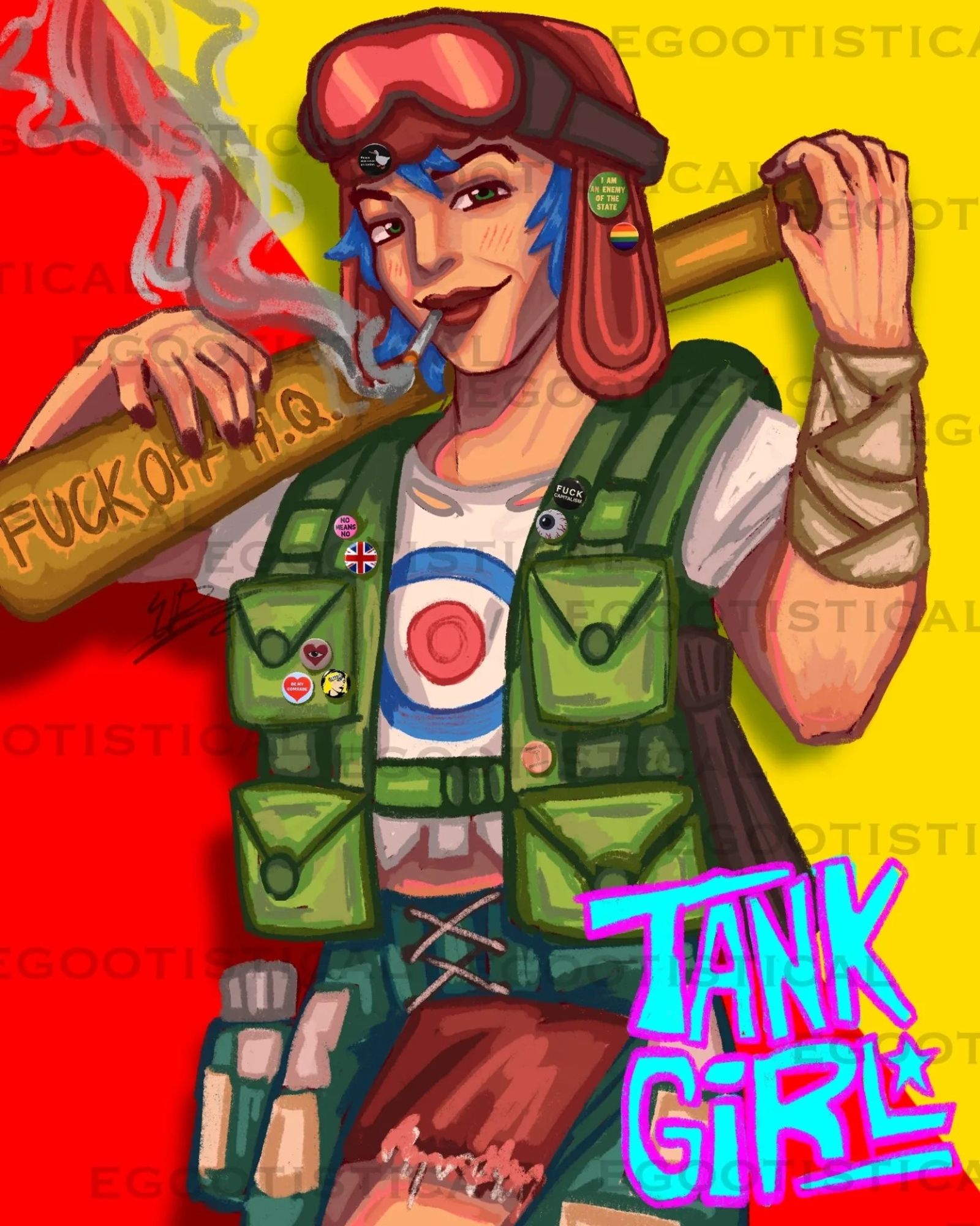 A girl stands smoking a cigarette while holding a bat with "fuck off H.Q." carved on it. She has blue hair, a red hat, goggles on top of the hat, a military vest, a white shirt with a red and blue bull size on it, red shorts, and blue patch pants on top. The background is red and yellow and the tank girl logo is written in the right corner.