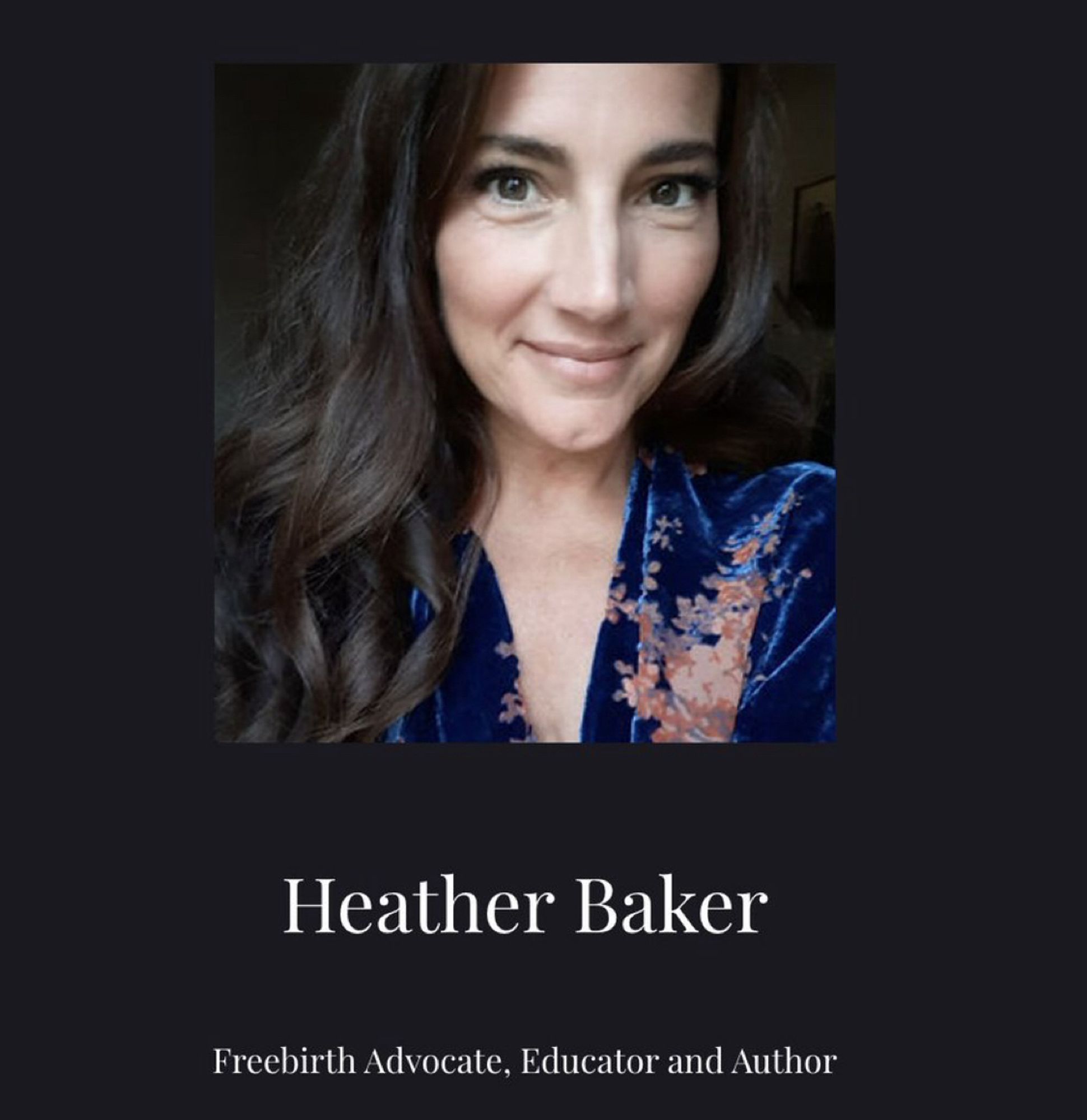 Screen shot of Heather Baker’s website bio. She is a woman with long brown hair wearing a blue dress with pink flowers.