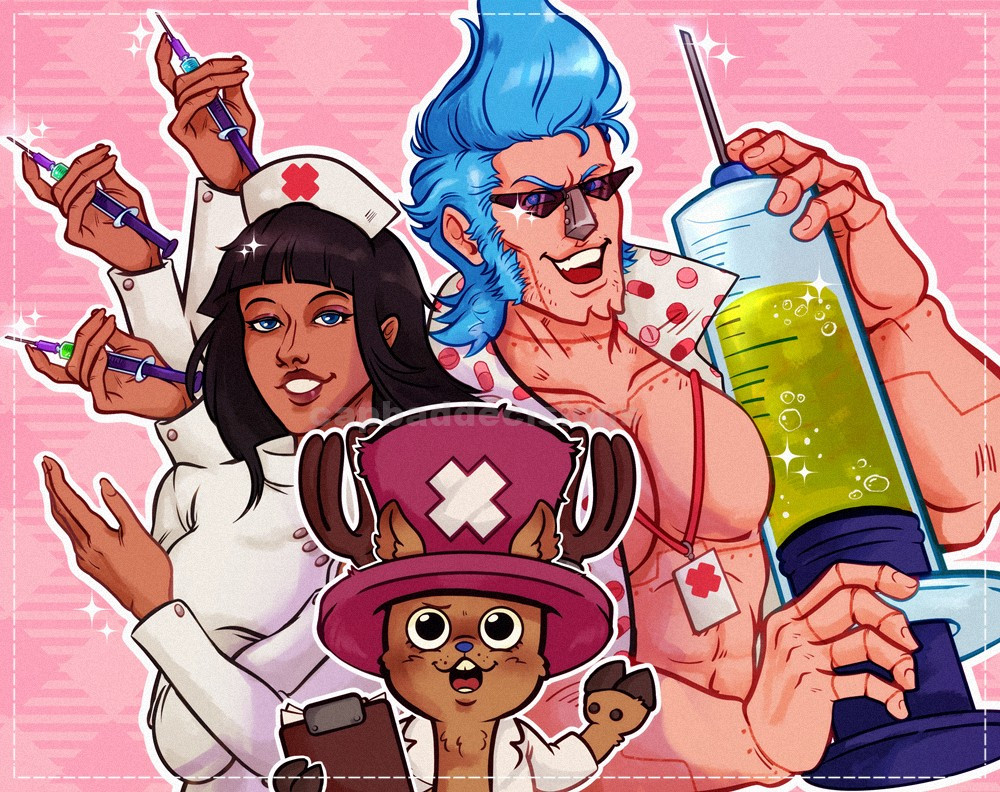 picture of Chopper wearing a labcoat, holding a clipboard, looking up at the viewer while Robin and Franky stand behind them. Robin is dressed as a nurse, using her powers to manifest 3 extra arms, each new hand holding a syringe. Meanwhile Franky is wearing an open shirt with medicine pattern as he holds one huge syringe.