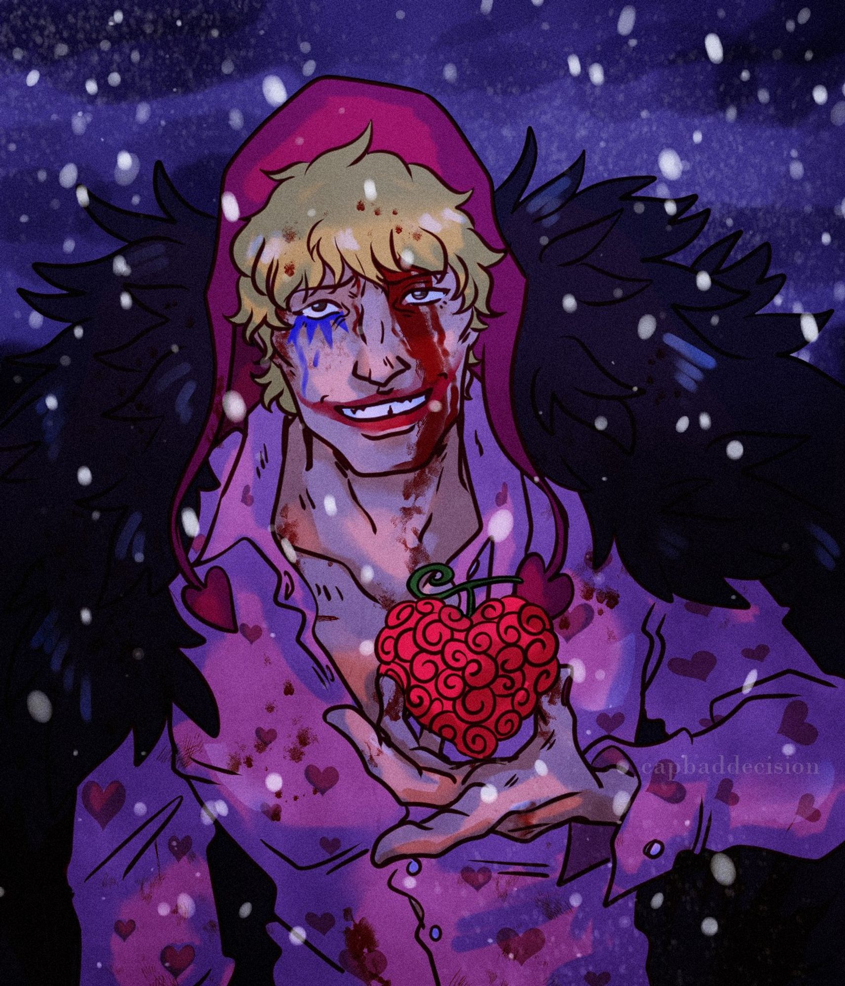 Image of Corazon from One Piece leading towards the viewer with an apologetic smile, offering the op op fruit. His make up is runny and he has blood coming from under his hair from a hidden injury. It's snowing and dark.