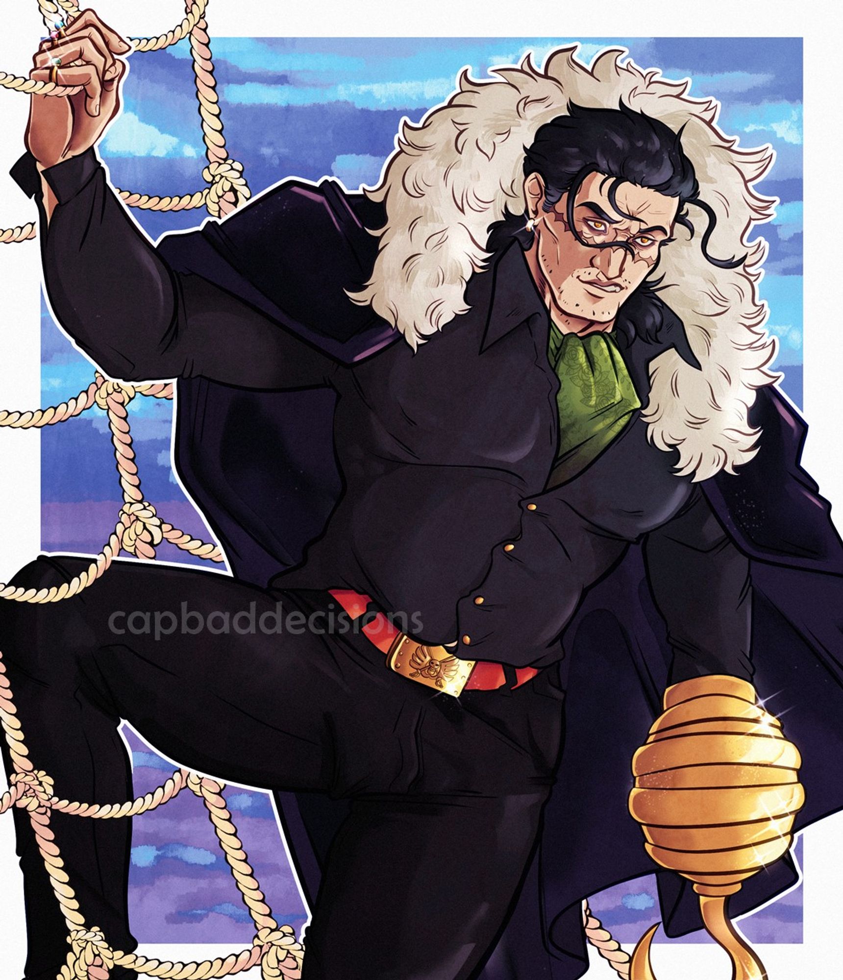 Picture of sir crocodile in his impel down outfit, holding on the rope stairs of a ship. His hair and coat are flowing with the wing and there's a baroque works symbol in his belt