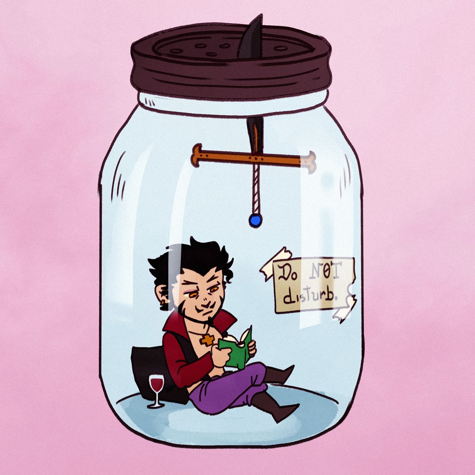 picture of dracule mihawk reading a book, sitting inside a mason jar, his sword stuck in the lid. he seems focused on reading, a glass of wine by his side and a "do NOT disturb" sign tapped from inside.