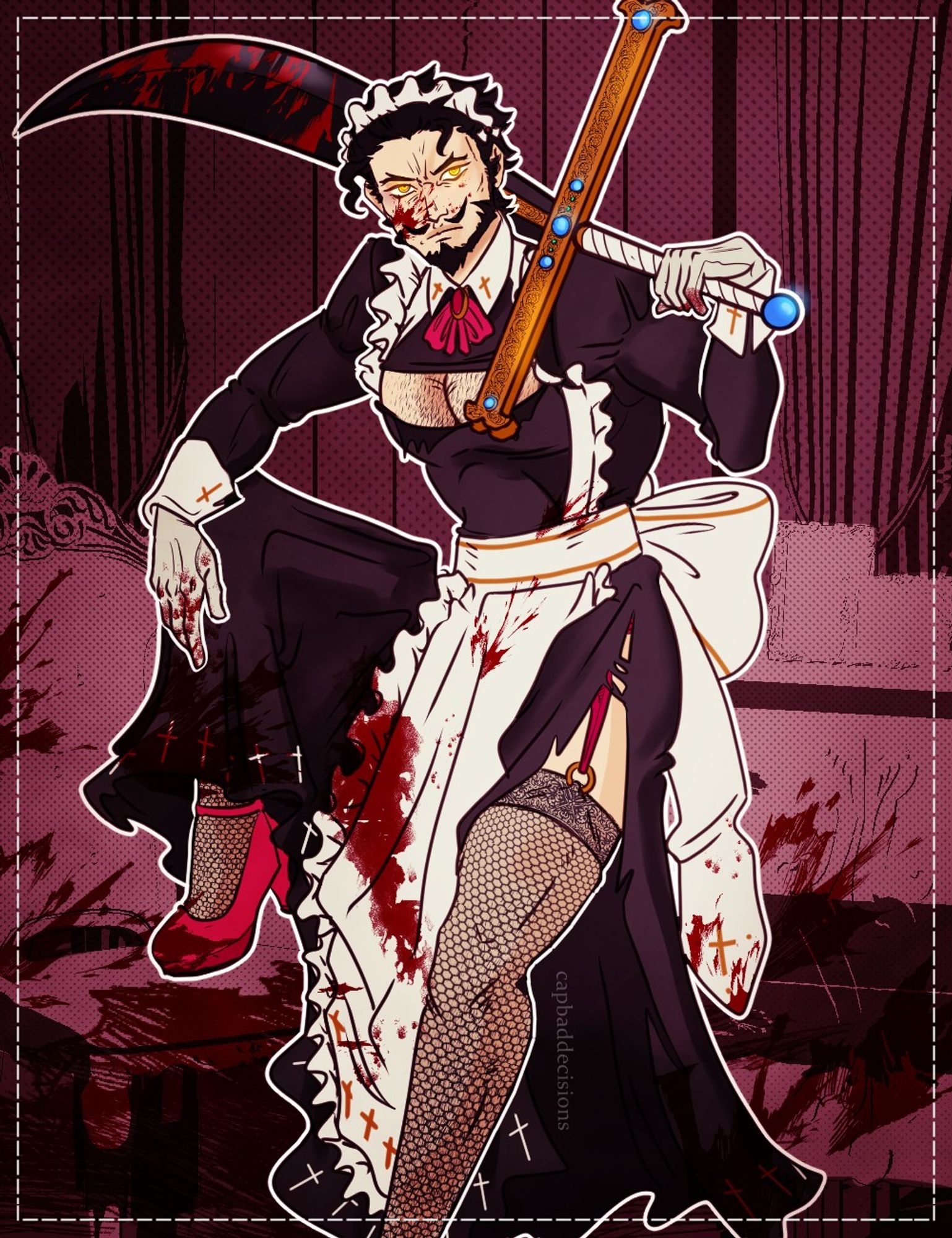 picture of dracule mihawk wearing a long maid dress. He's leaning on furniture, one foot on a fancy chair showing red heels he's wearing, his dress and face covered in blood. The dress is torn on one side and over his chest. He's holding Yoru over his shoulder, also covered in blood