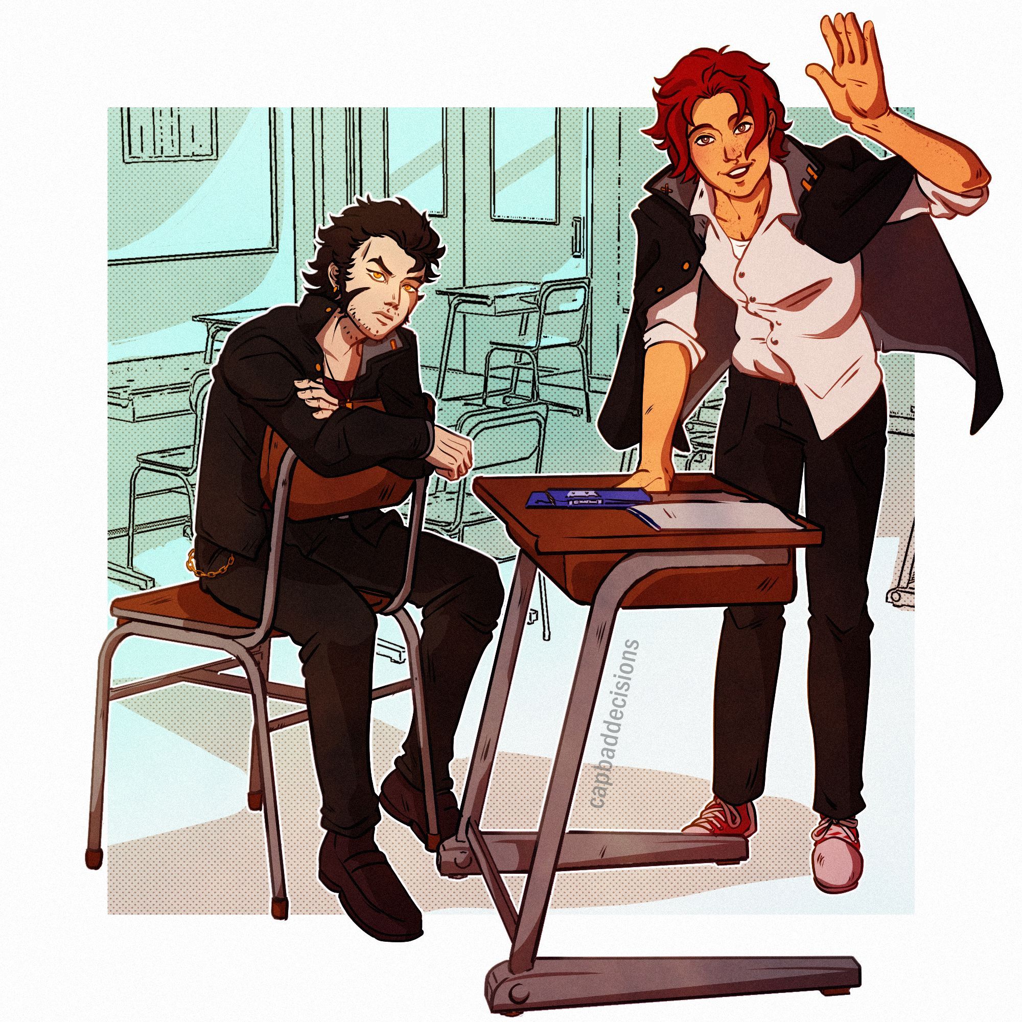 picture of shanks and mihawk as teenagers at a classroom, wearing traditionally japanese school uniforms. they are looking at the viewer.