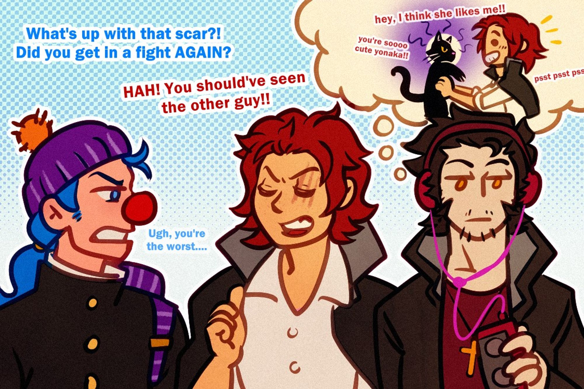 picture of buggy, shanks and mihawk as teenagers. buggy and shanks are talking about shanks' scar, shanks trying to convince buggy it was from a fight. mihawk is quiet, remembering that the scar actually happened when shanks picked up a cat.