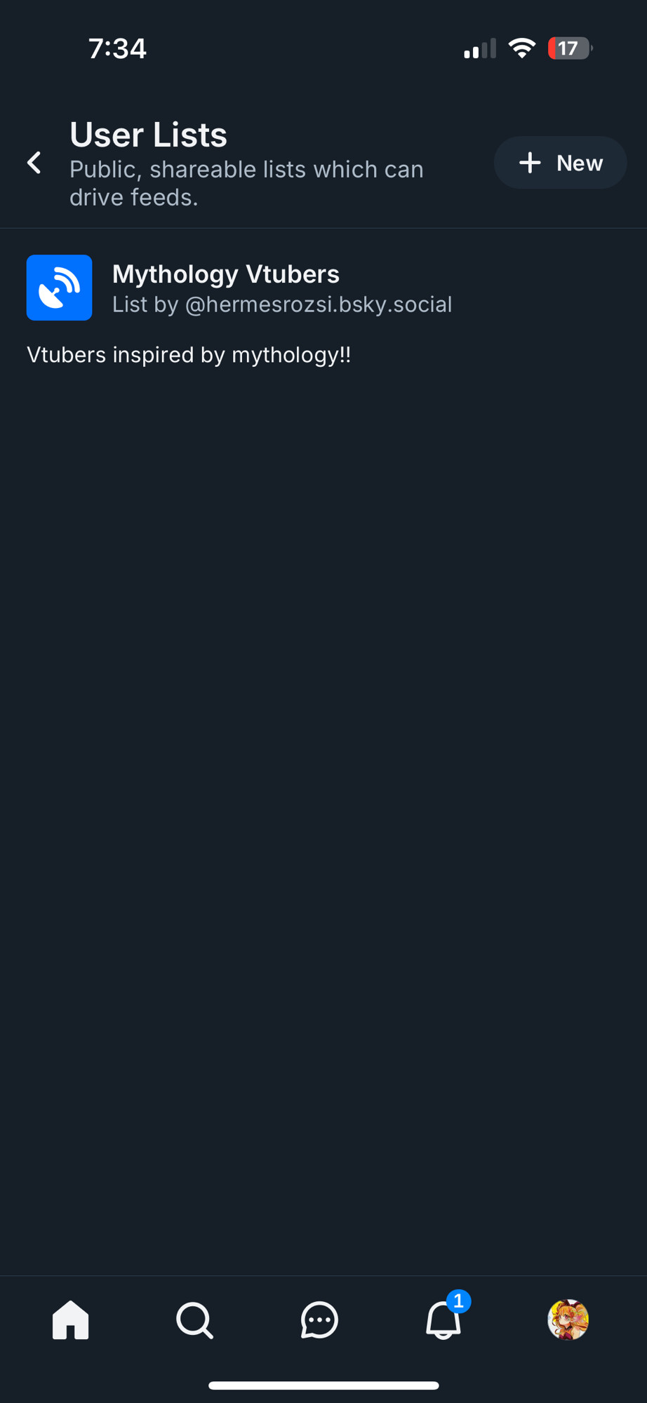 Image of what the lists page looks like. There is a +new button in the right have corner and an in progress lists called Mythology Vtubers under the user lists section 