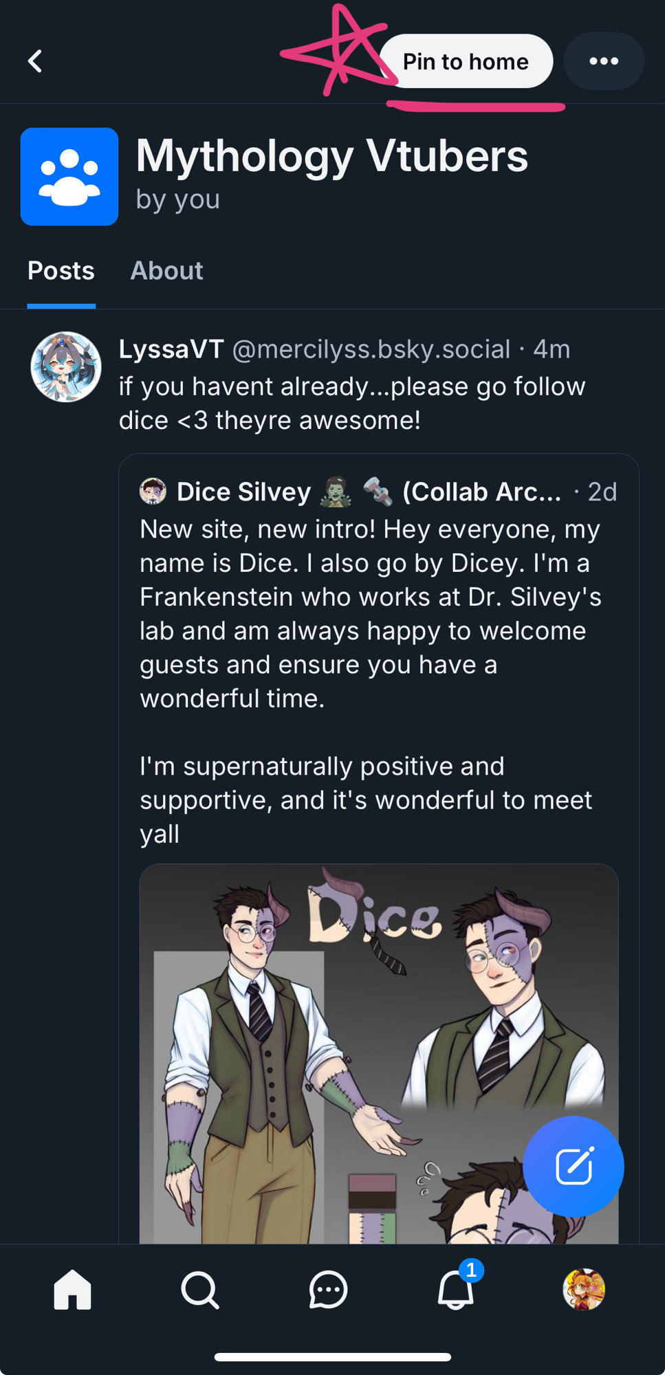 This image shows the pin to home button in the top right corner and is starred to indicate where it is. It shows the mythology vtubers feed