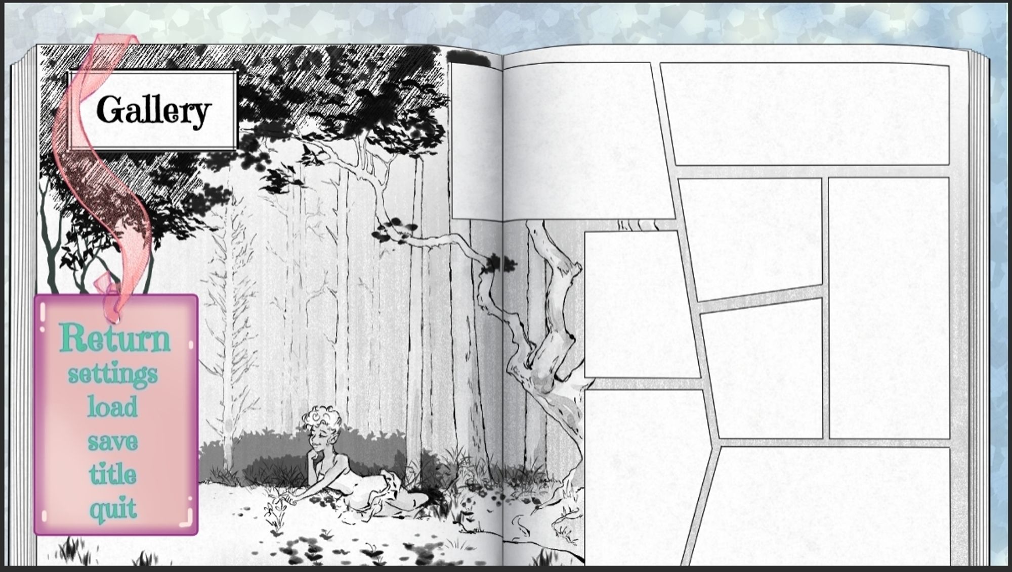 The gallery for A Simple Twist of Fae game. The gallery screen is designed to appear as a manga full spread with the area for the CG thumbnail image buttons as panels on the right and a black and white drawing of Kalaira, the main character in the forest on the left. Also on the left is the title: Gallery, along with the game menu buttons, designed as rectangle bookmark