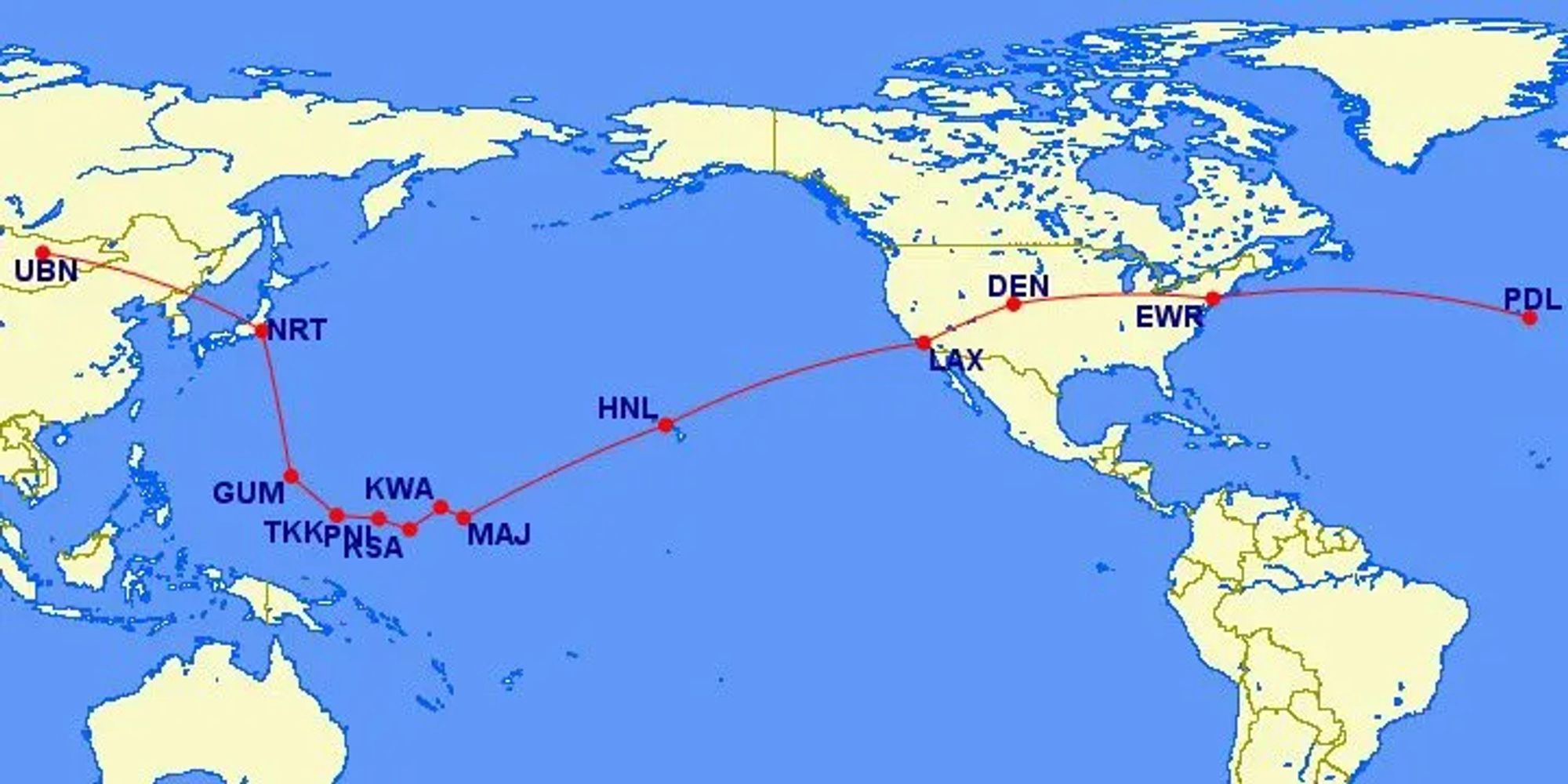 A route map of flights with stops at UBN, NRT, GUM, TKK, PNL, KSA, KWA, MAJ, HNL, LAX, DEN, EWR, and PDL airports. All of these flights will be served by United Boeing 737s next summer.