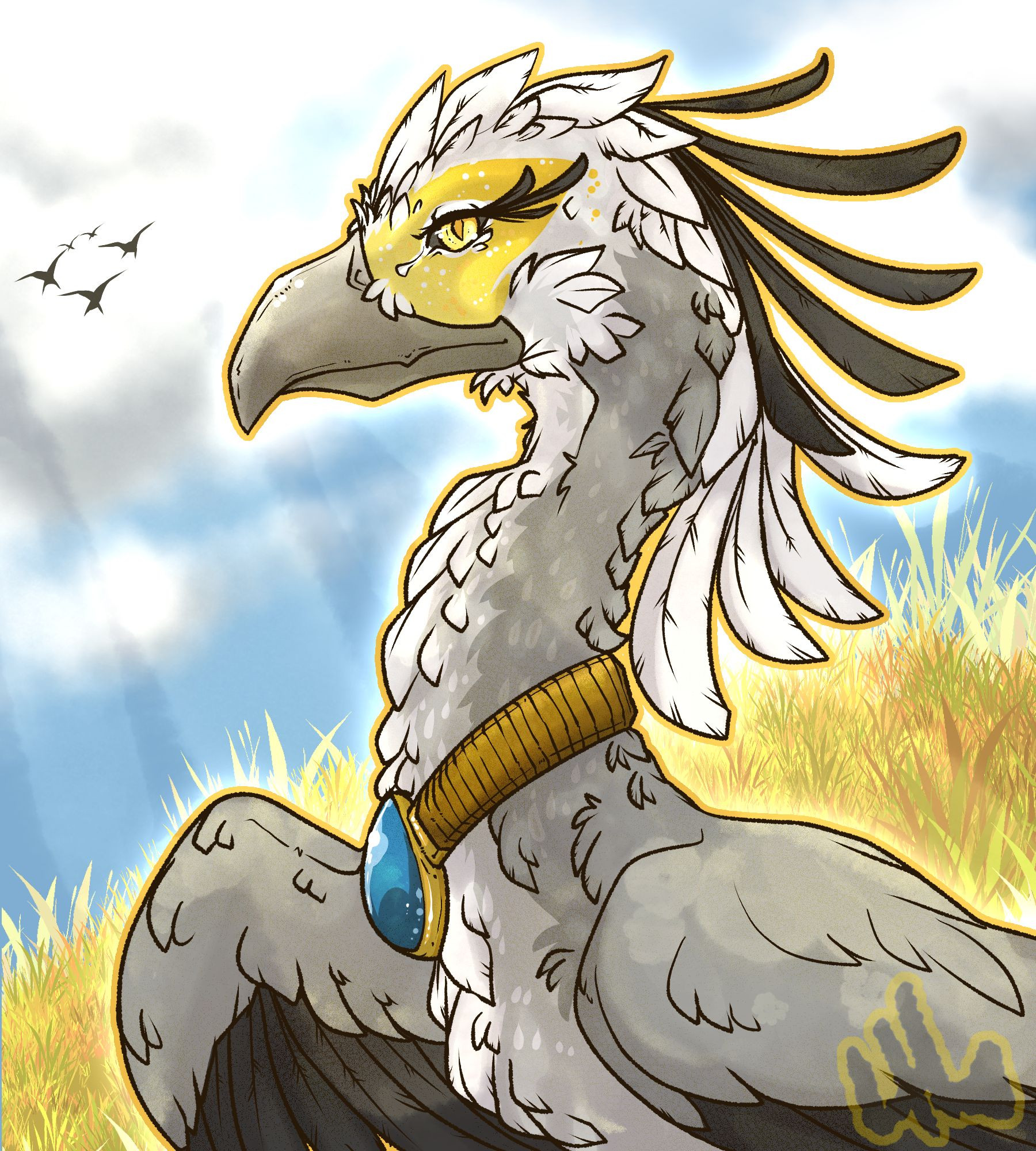 Portrait of a praetor secretary bird inspired avian with monochromatic feathers and yellow and gold highlights. Piercing golden eyes look out across rolling golden plains as she stares at you with a depth of wisdom none can quite describe.