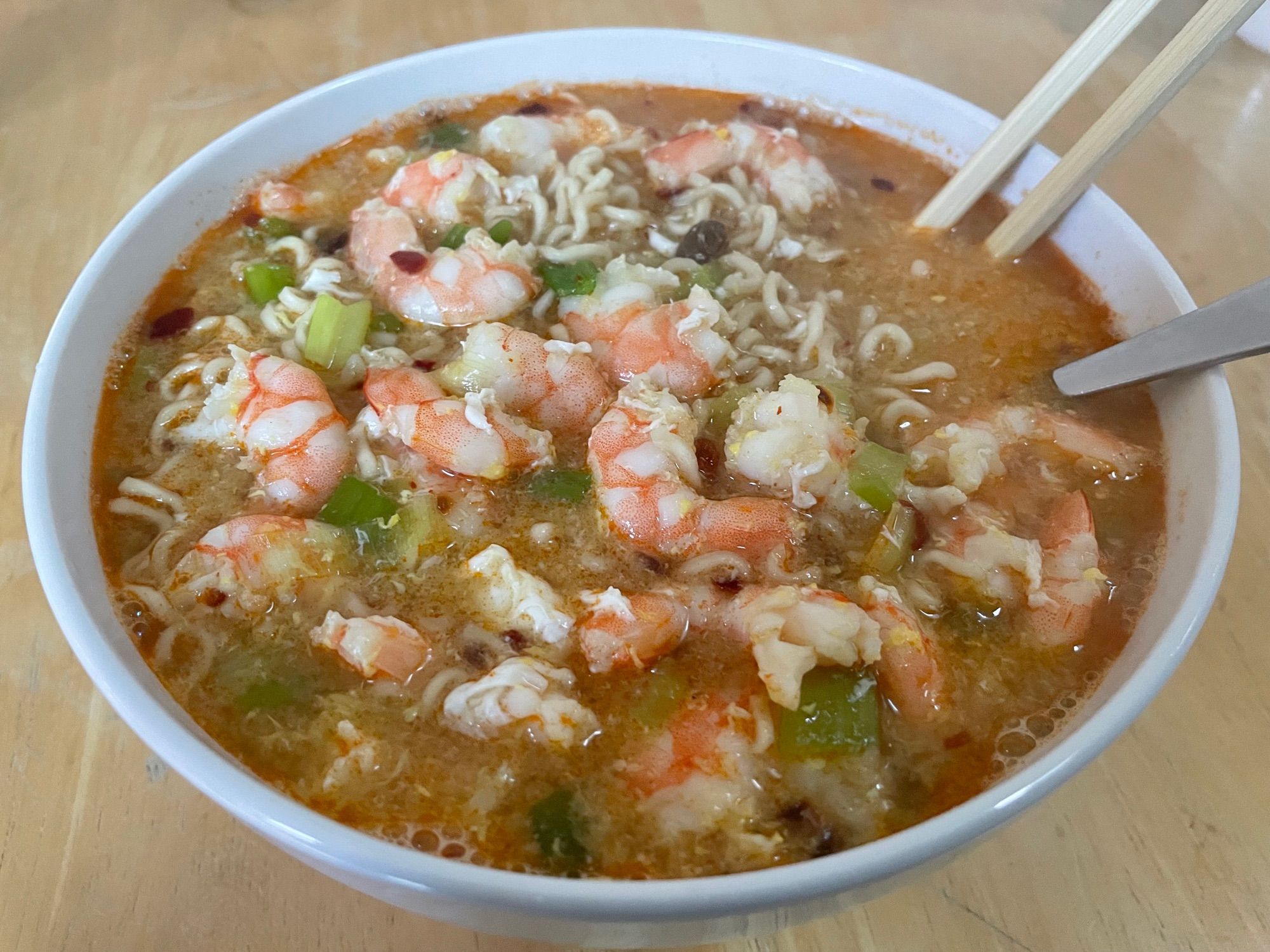 Ramen with shrimp, egg, scallion, garlic, and chili oil