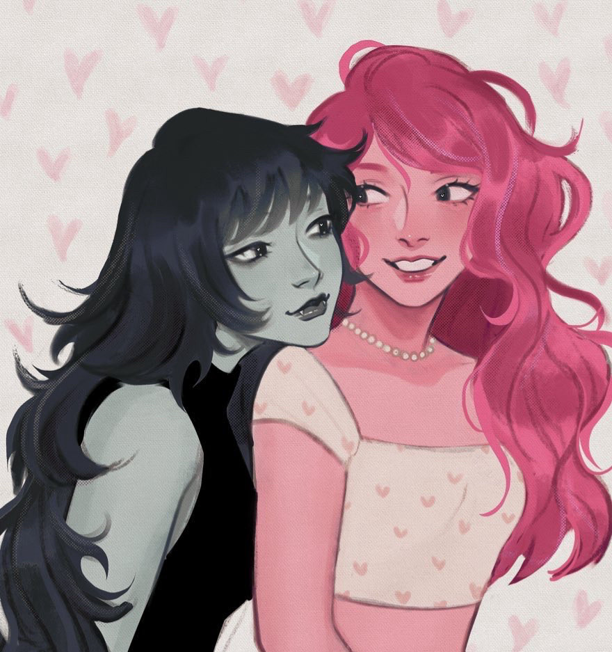 This drawing shows Marceline, the pale girl with long black hair and grayish skin, leaning affectionately toward Princess Bubblegum, who has pink skin and long wavy pink hair. Princess Bubblegum is smiling warmly in a light pink dress with heart patterns and pearls. The background features soft pink hearts, adding to the sweet, romantic vibe.
