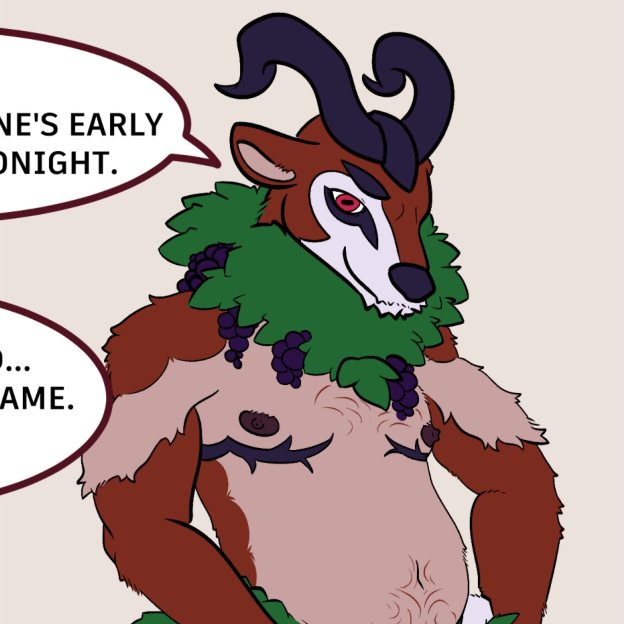 A cropped image of a gogoat anthro, set so it only shows his upper body. His fur is a mix of ruddy brown and pinkish-tan, with verdant foliage and purple grapes growing from his neck.