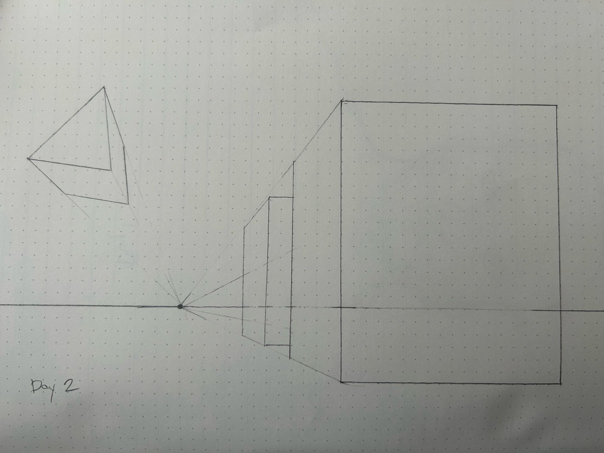 A sketch of three shapes. The horizon line is about two thirds down and the vanishing point about one third to the left. There are two cube shapes on the right and a triangular prism on the left.