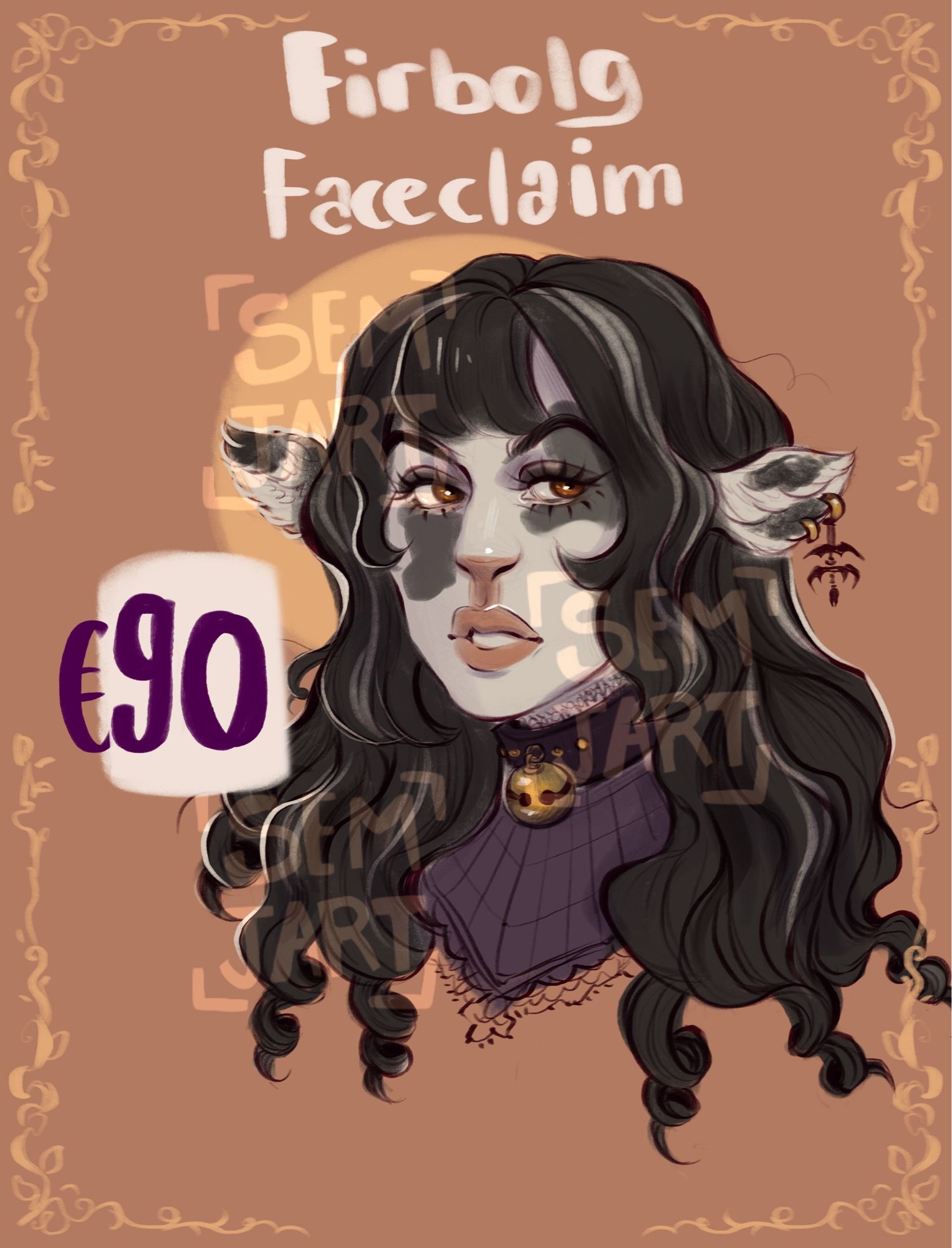 Firbolg adoptable priced at €90. 
She’s a black and white spotted cow inspired firbolg.