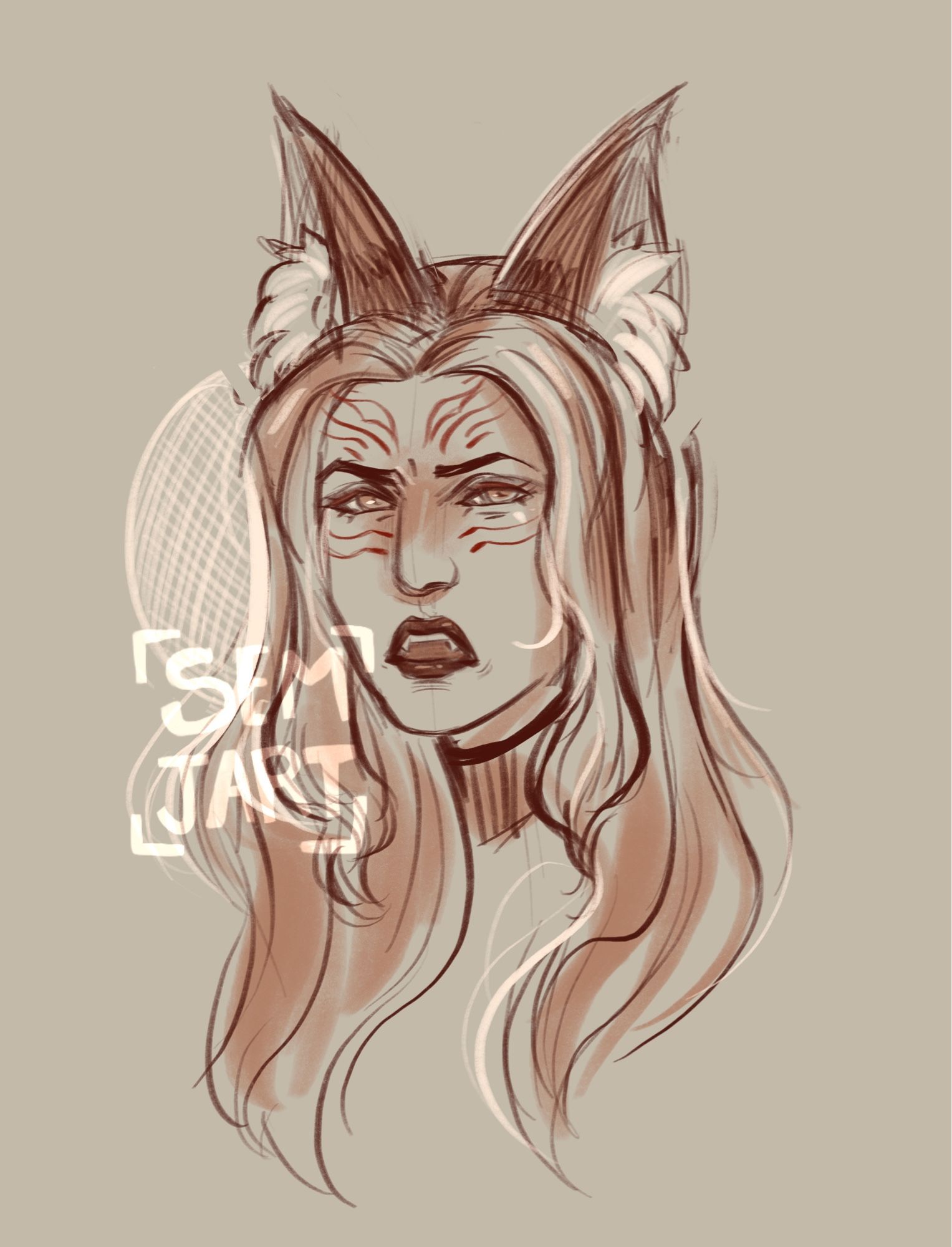 Portrait sketch of a femme fox character who is shocked you would say something so silly. She has markings on her face and big fox ears on the top of her head.