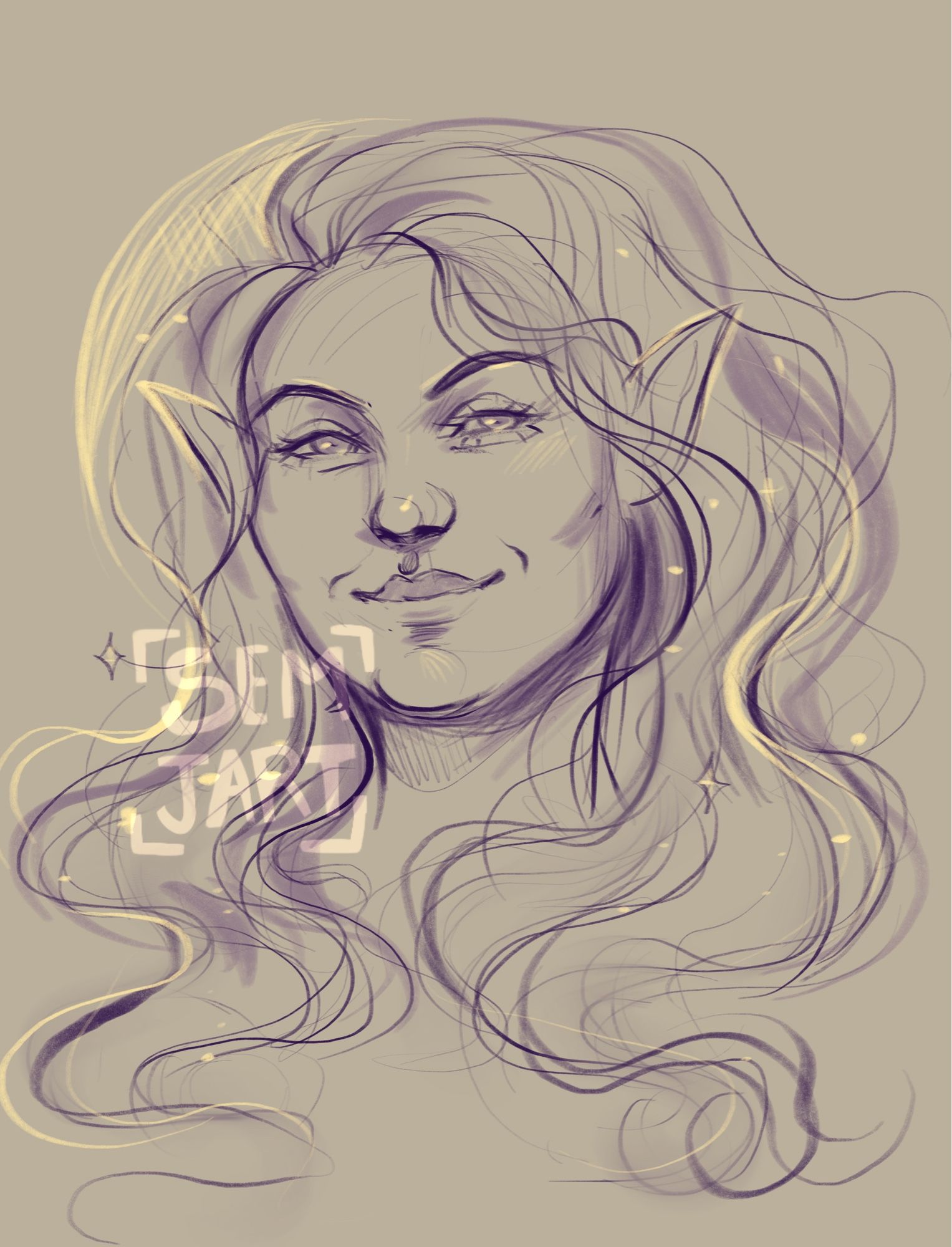 Portrait sketch of a femme character with long pointy ears, a round sweet face and flowy hair that defies gravity. They’re smiling sweetly at the camera.