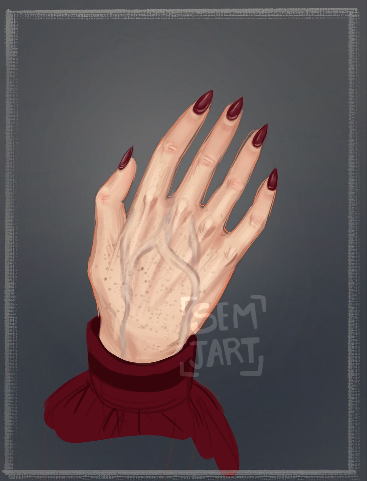 Close up painting of his veiny hand with red pointy nails