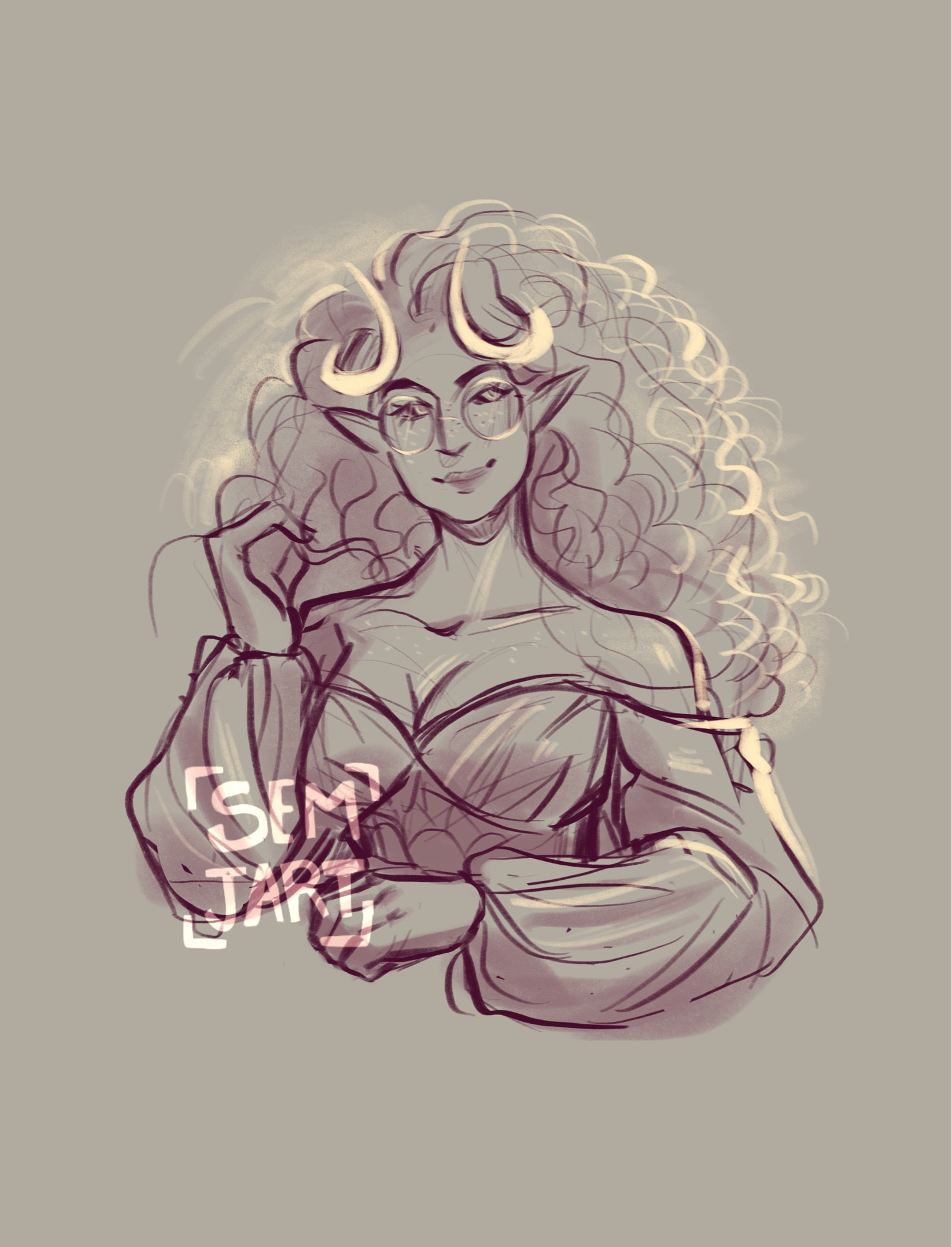 Half body sketch of a feminine tiefling with big curly hair and big round glasses. She’s wearing an off the shoulder dress with poofy sleeves.