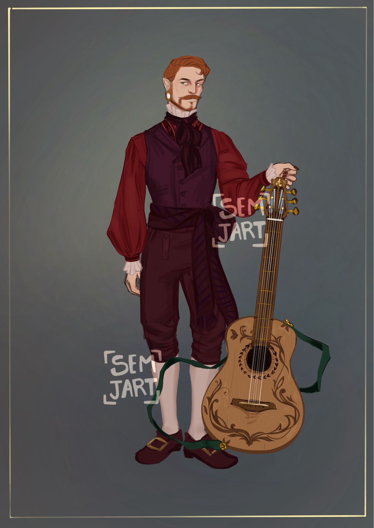 Full body illustration of Adam in his everyday outfit + his guitar