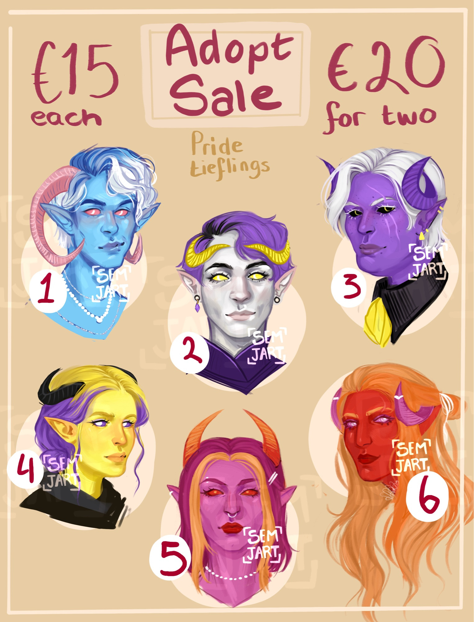 Promotional image of my pride tieflings which are still up for sale. They’re marked down to 15€ each and 20€ for a pair. Still left are:
1: masculine trans pride
2: androgynous non binary pride
3: masculine non binary pride
4: feminine non binary pride
5 and 6 are both lesbian pride.