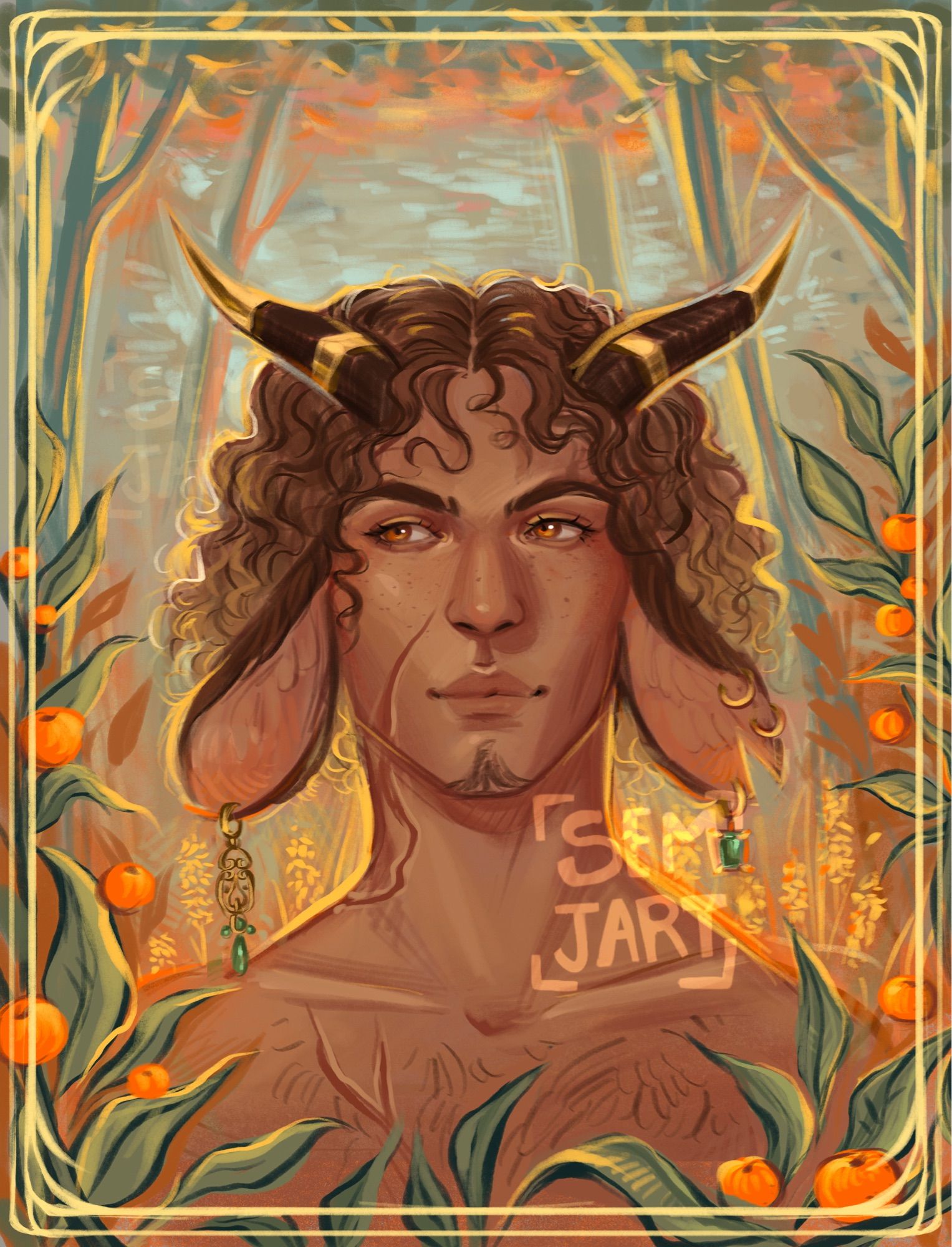 Painted portrait of a masculine Satyr character with warm tanned freckled skin, deep bright amber eyes and brown bouncy curls that reach his jawline. He has horns which curl back and up a bit. He’s facing you directly but is looking off to the left, smiling softly. He has big floppy goat ears which have earrings hanging from it. He also has a bit of hair on his chin and chest. There’s a scar running from his neck onto his cheek. He’s surrounded by leaves and oranges, and behind him is a pastel toned forest. The whole panting has a warm glow as if it’s about to be golden hour.