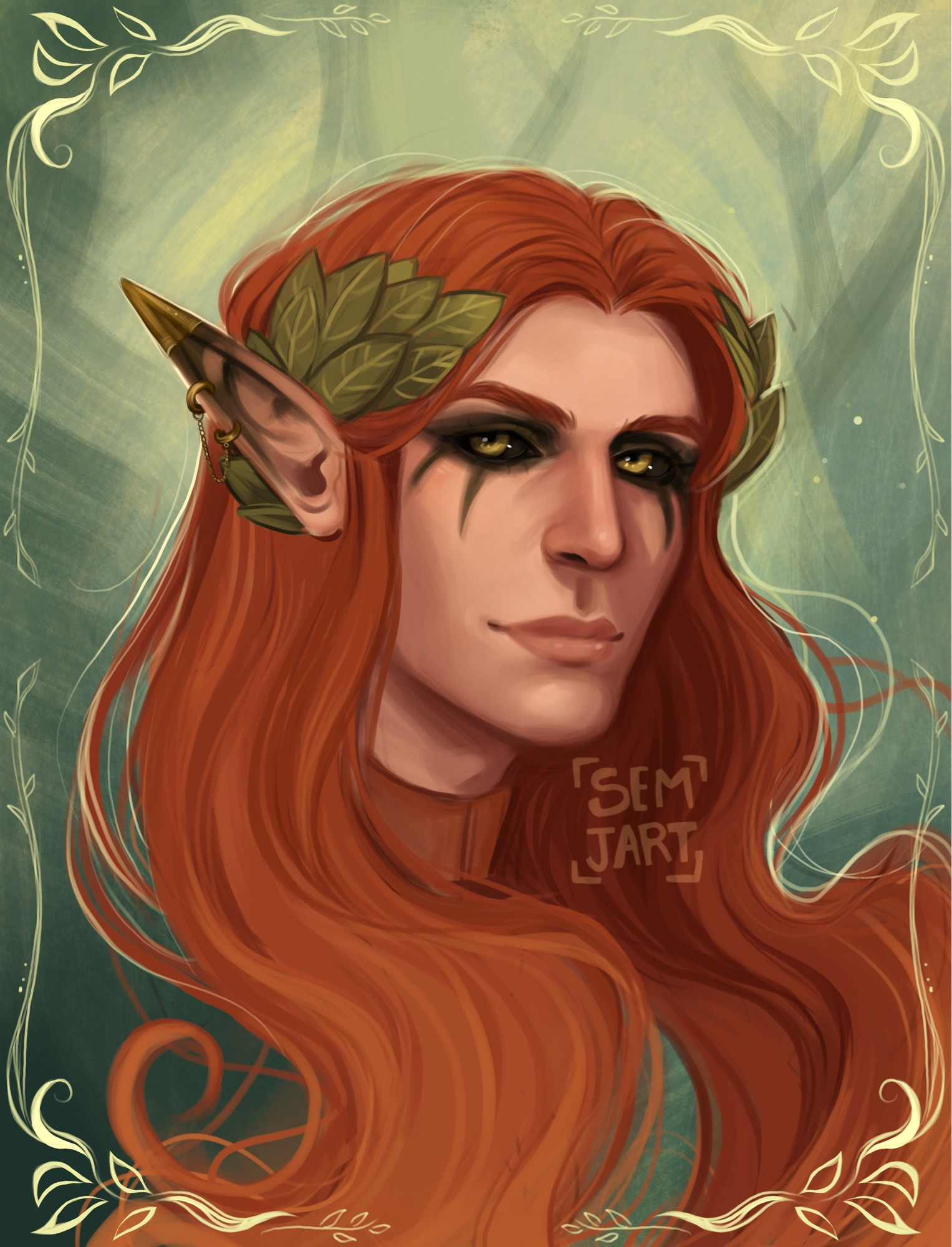 Painted portrait of a masculine fey with autumnal colors. Their long wavy hair is a nice warm orange which faded into a lighter orange at the ends. They have dark green paint around their dark green eyes. Their long pointy ears also fade into a dark green, though the tips are covered in a golden jewelry. They have a crown of leaves at their temples too. 
They are at an 3/4 angle, smiling slightly t he camera.