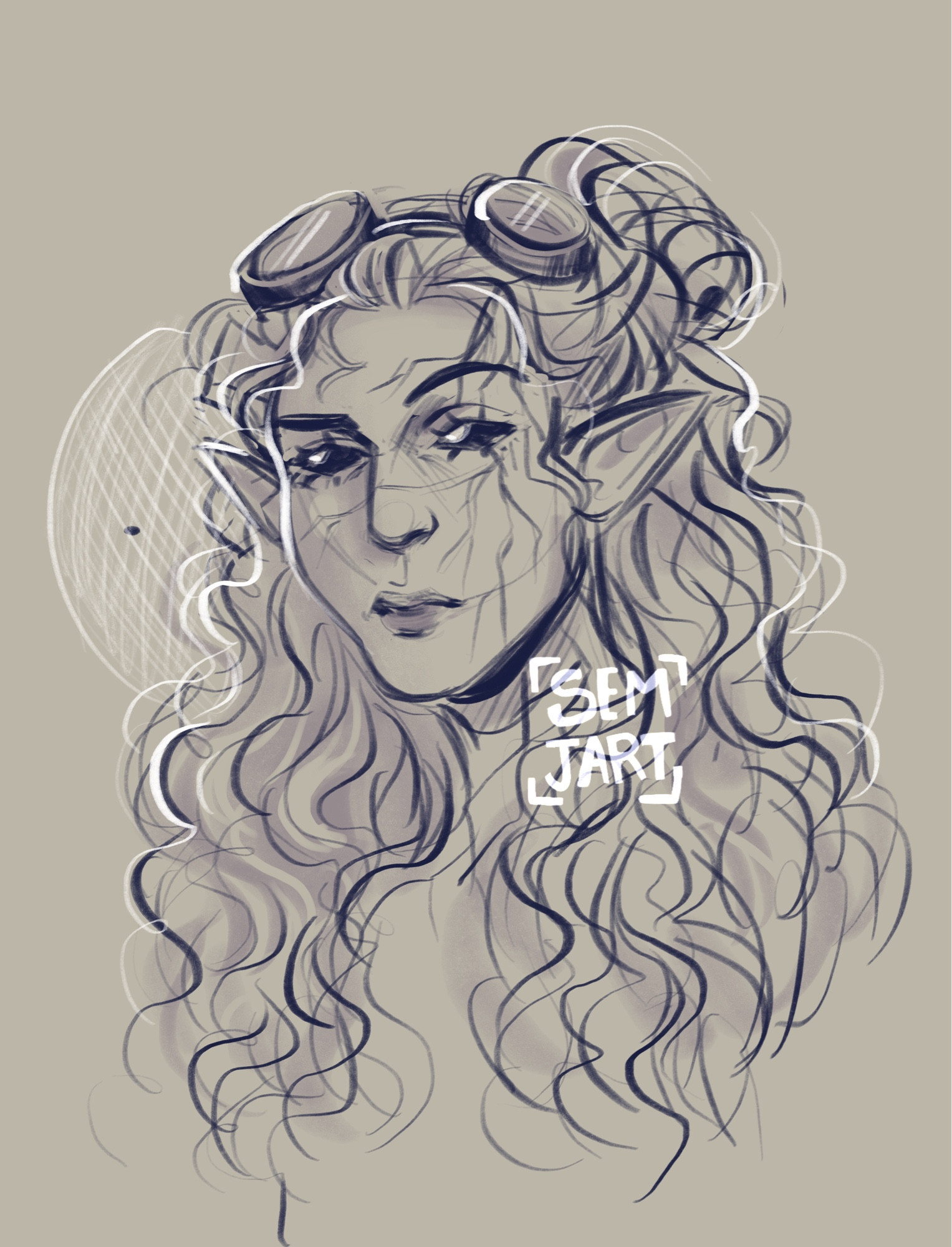 Portrait sketch of an air genasi character with big wild hair, done in a half updo. They wear goggles on the top of their head.  They have lightning scars going over the right eye.