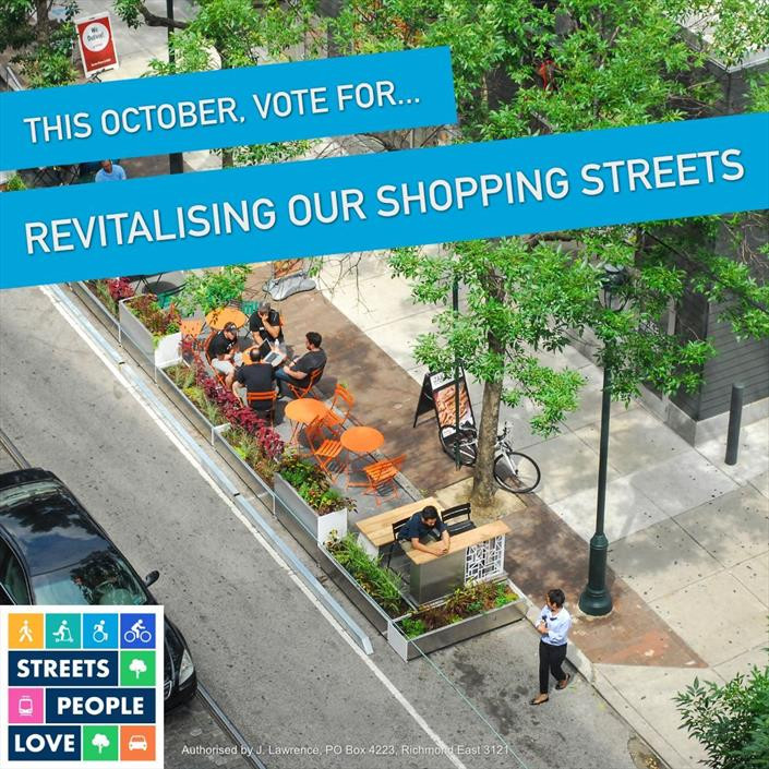 This October, vote for revitalising our shopping streets. Image of cafe tables and chairs and a wide footpath.