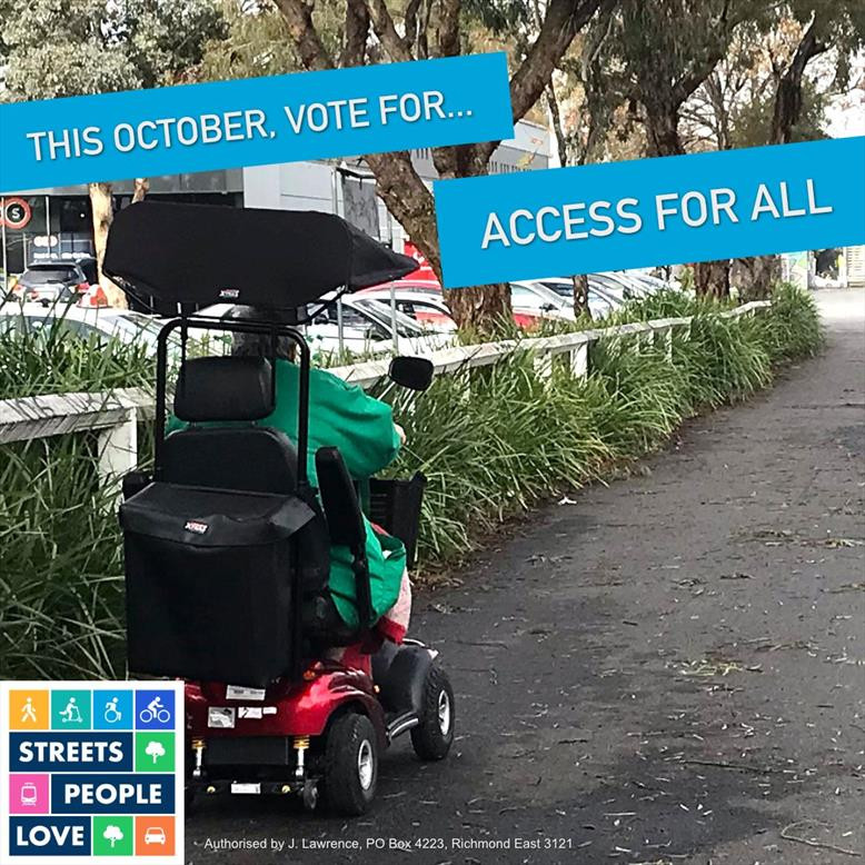 This October, vote for access for all. Image of a person in a mobility scooter on a footpath.