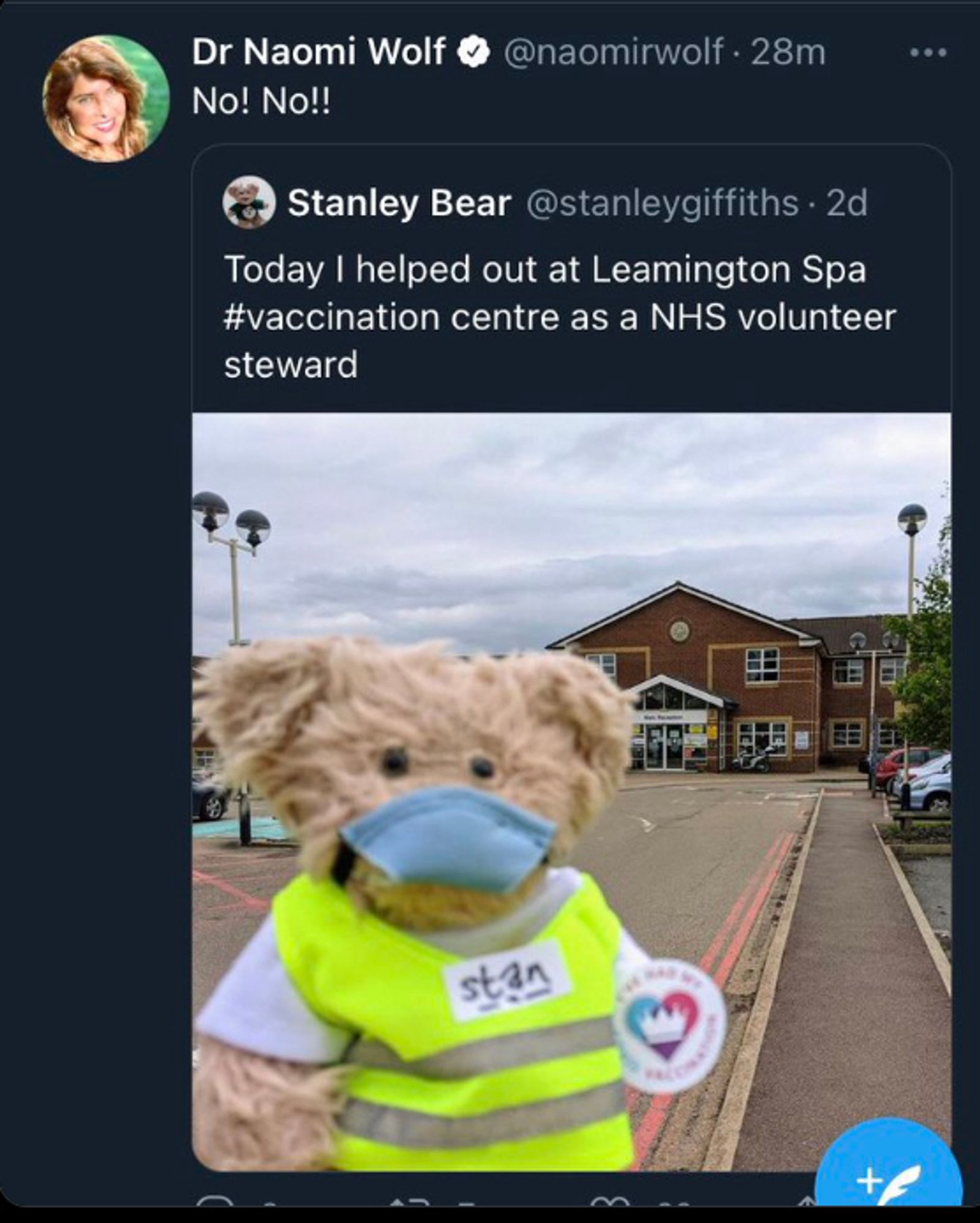 Ridiculous tweet from Dr. Wolf about a bear wearing a mask saying NO! NO!