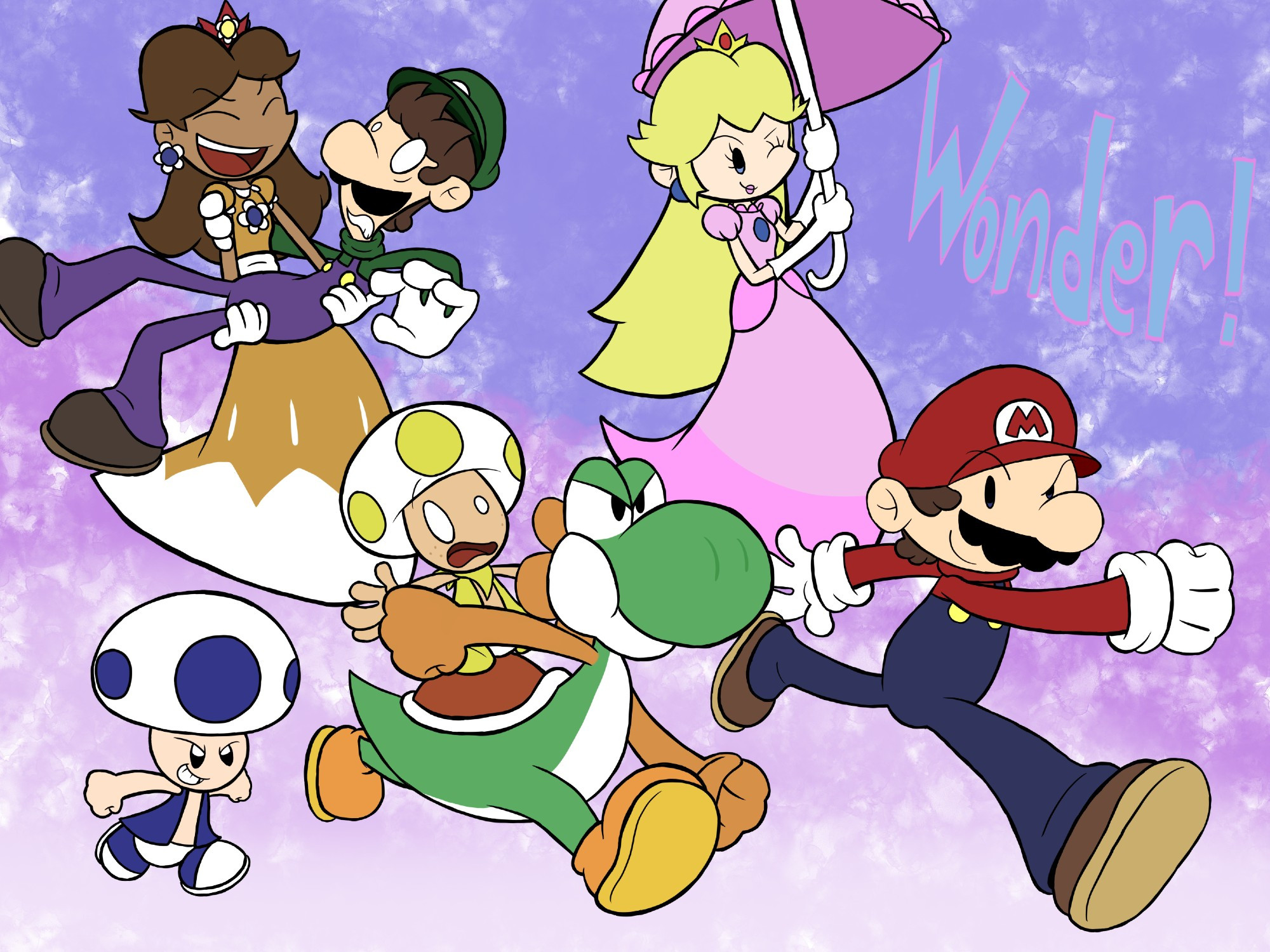 WONDER!

Made in 7/2/2023
(Disclaimer: This was drawn after the first trailer of SMB Wonder, that's why Toadette and Nabbit aren't here, apologies :'D)