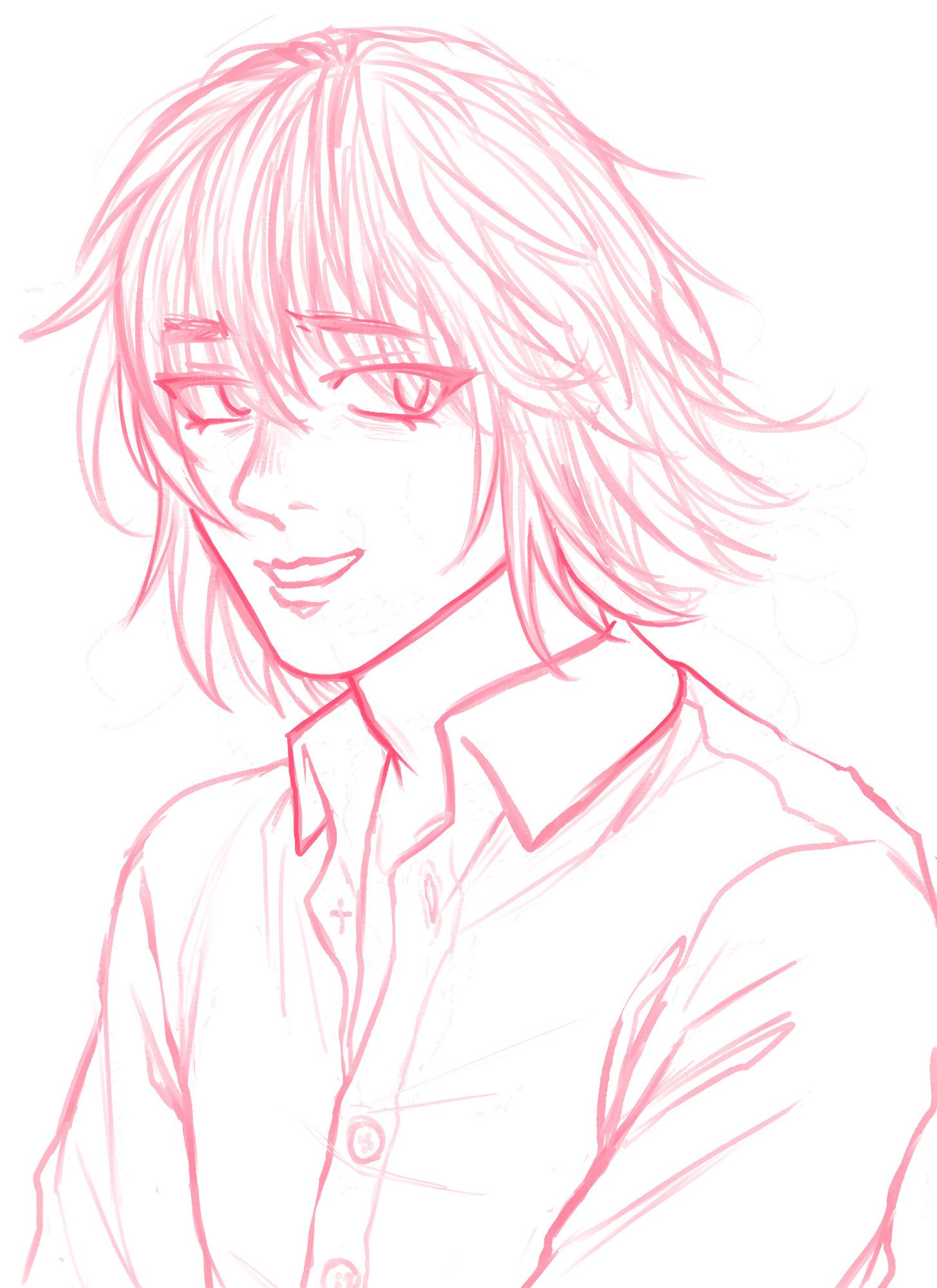 pink sketch of kurapika looking to the side, smiling with a tired look on his face. There is some wind blowing, moving his hair. He is wearing a dress shirt not buttoned all the way to the top