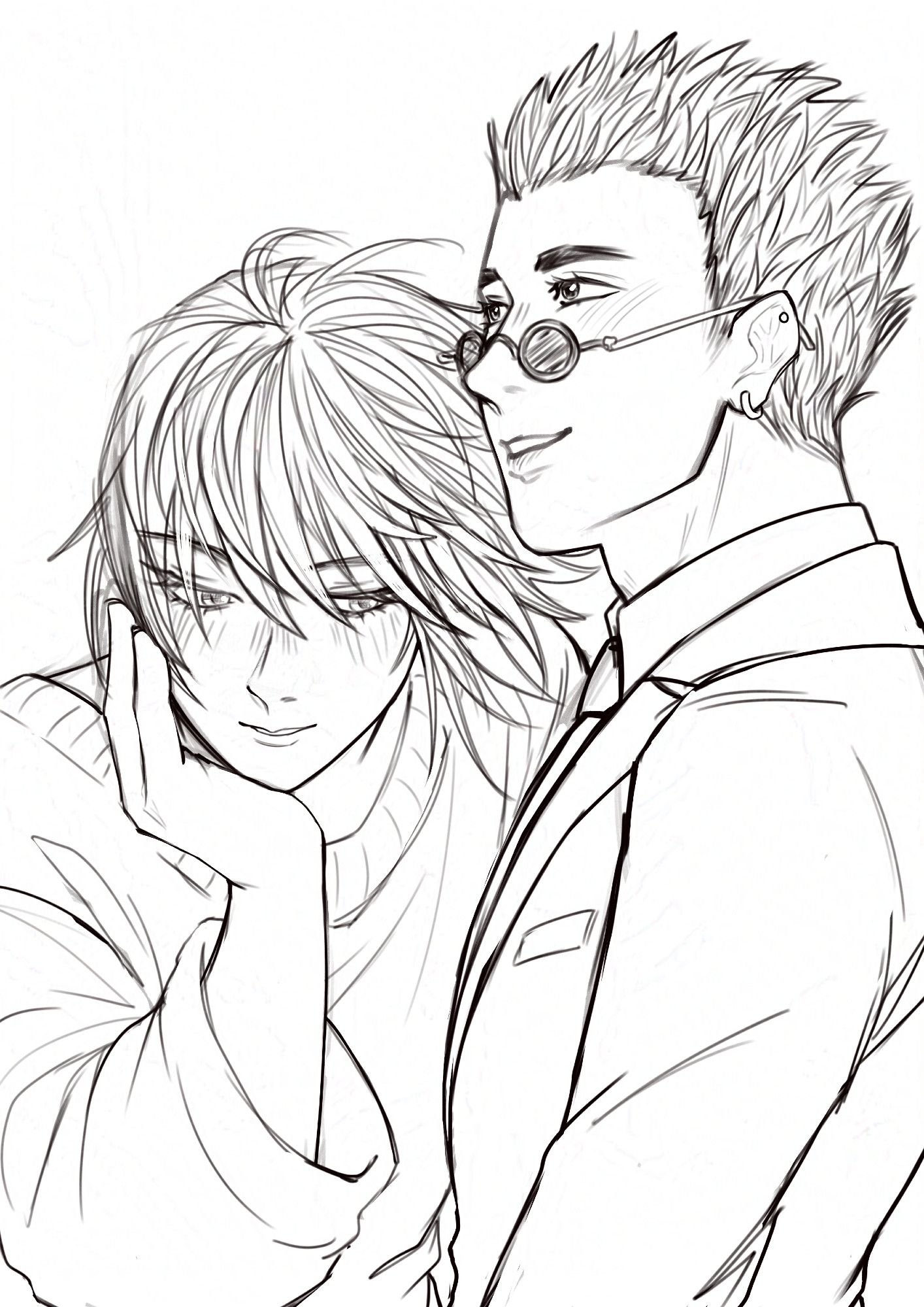 sketch of leorio and kurapika, leorio is in profile, looking at something in front of him. Kurapika is resting his chin on his right hand and smiling. He's looking vaguely on leorio's direction