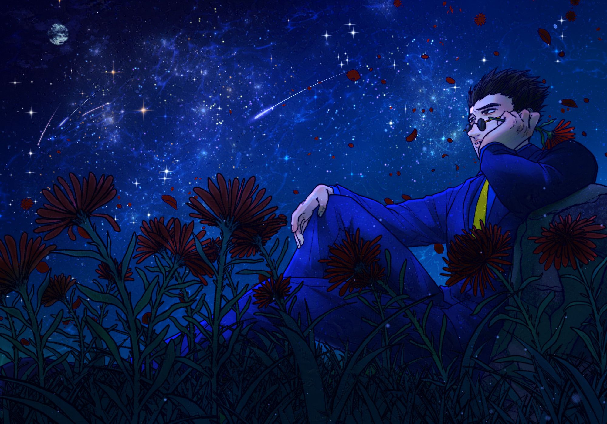 digital illustration of leorio sitting in a flower field looking at the distance under the night sky full of stars, with a wistful look on his face.