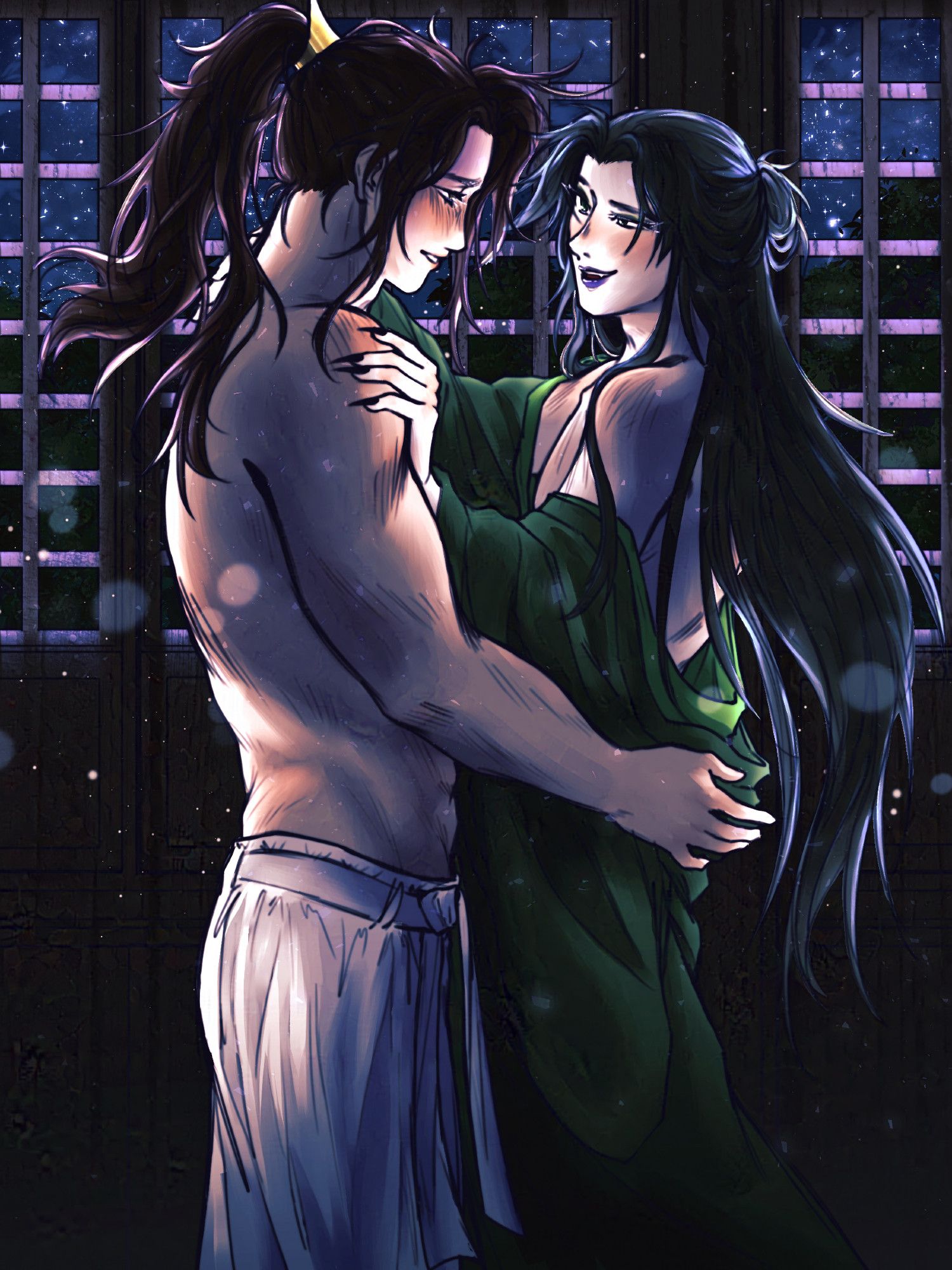 illustration of a couple standing on a room. the characters are lang qianqiu and qi rong from tian guan ci fu. Qi rong is looking at qianqiu with an amused look, and qian qiu is smiling embarrassed. Qianqiu is holding qirong's robes, preventing them from falling. Qianqiu is only wearing his pants