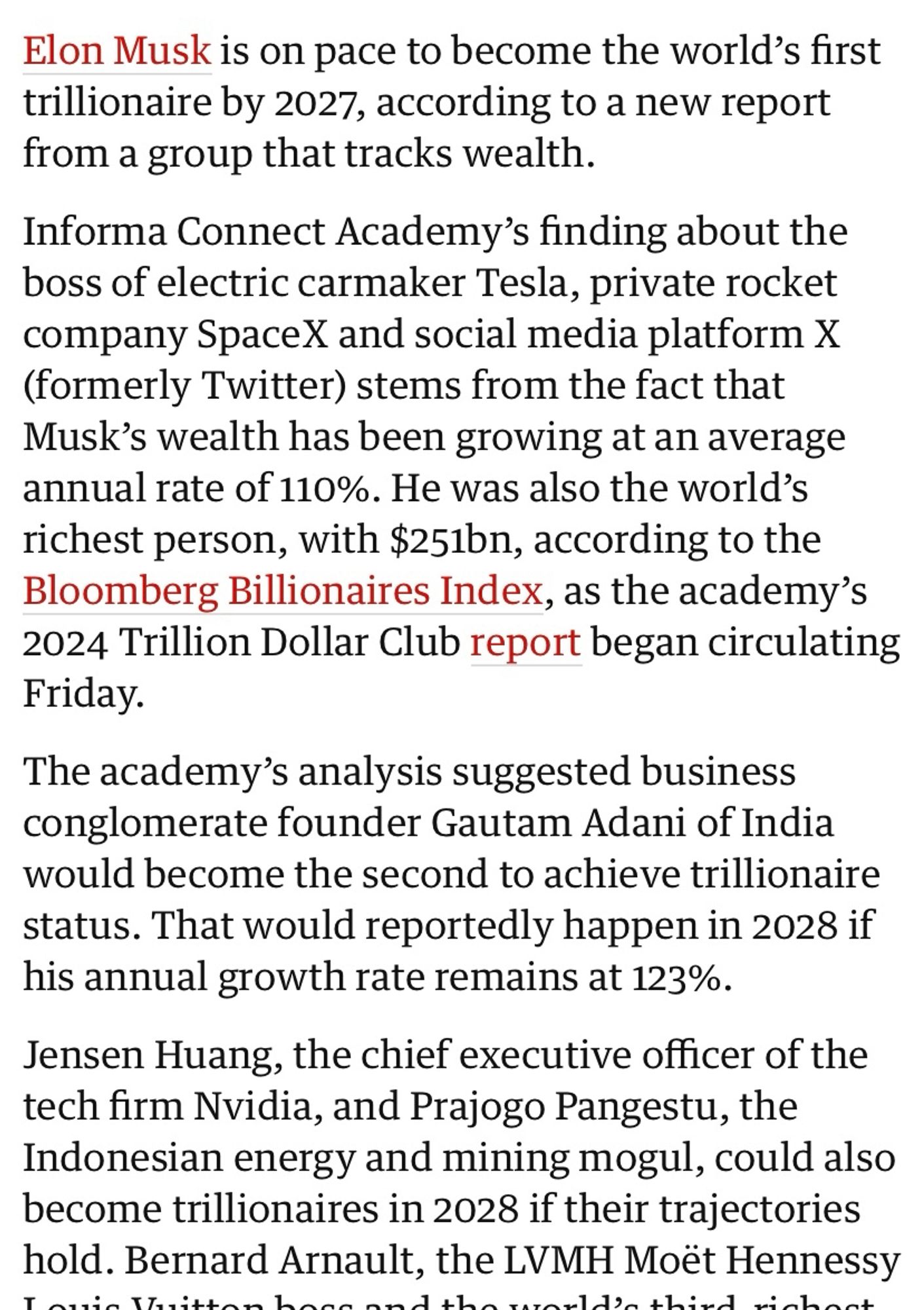 An article which says that if various rich people continue to grow their wealth at past rates, they will become trillionaires.  Not all the figures quoted seem to add up.