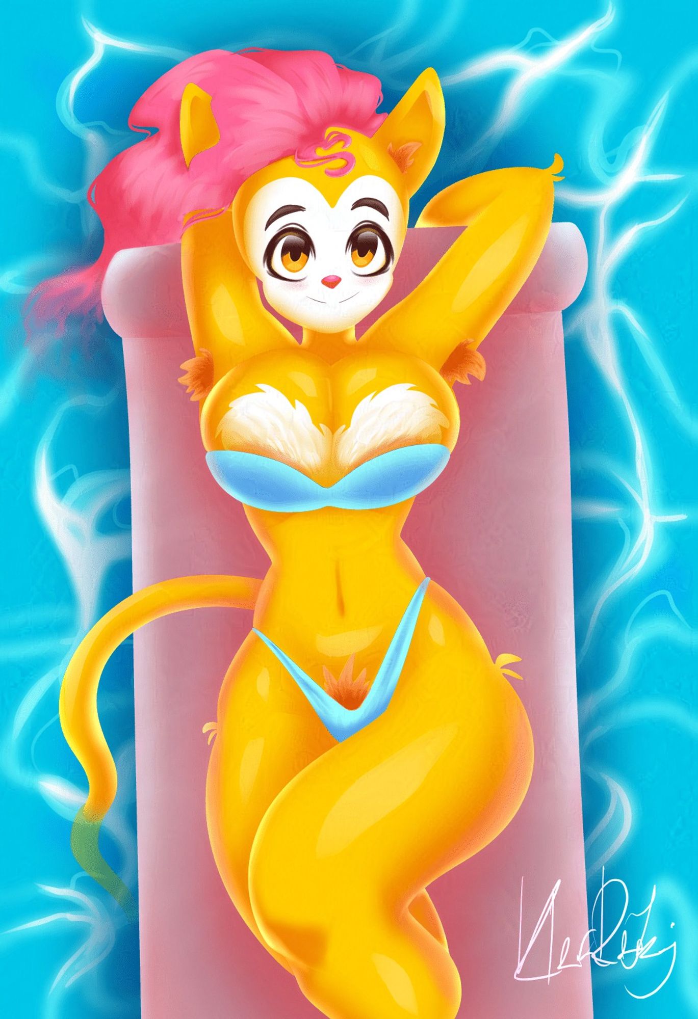 Dr. Pussycat lying on a floatie in the water.