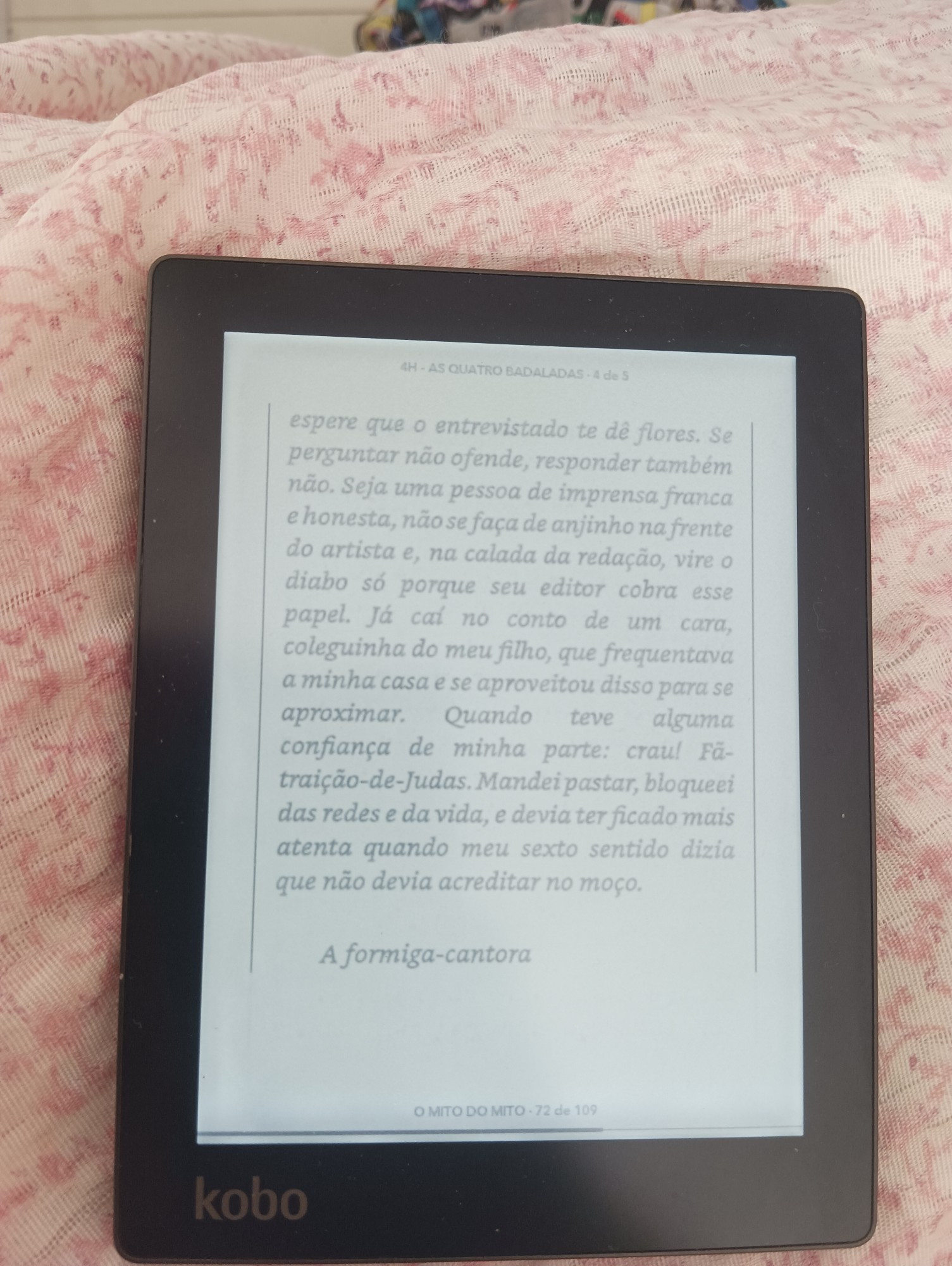 Leitor de livros digitais mostrando trecho de livro de Rita Lee. Continuação da página anterior, mas dessa vez ela fala sobre entrevistadores agressivos e maldosos. "(...) Se perguntar não ofende, responder também não. Seja uma pessoa de imprensa franca e honesta, não se faça de anjinho na frente do artista e, na calada da redação, vire o diabo só porque seu editor cobra esse papel (...)" 