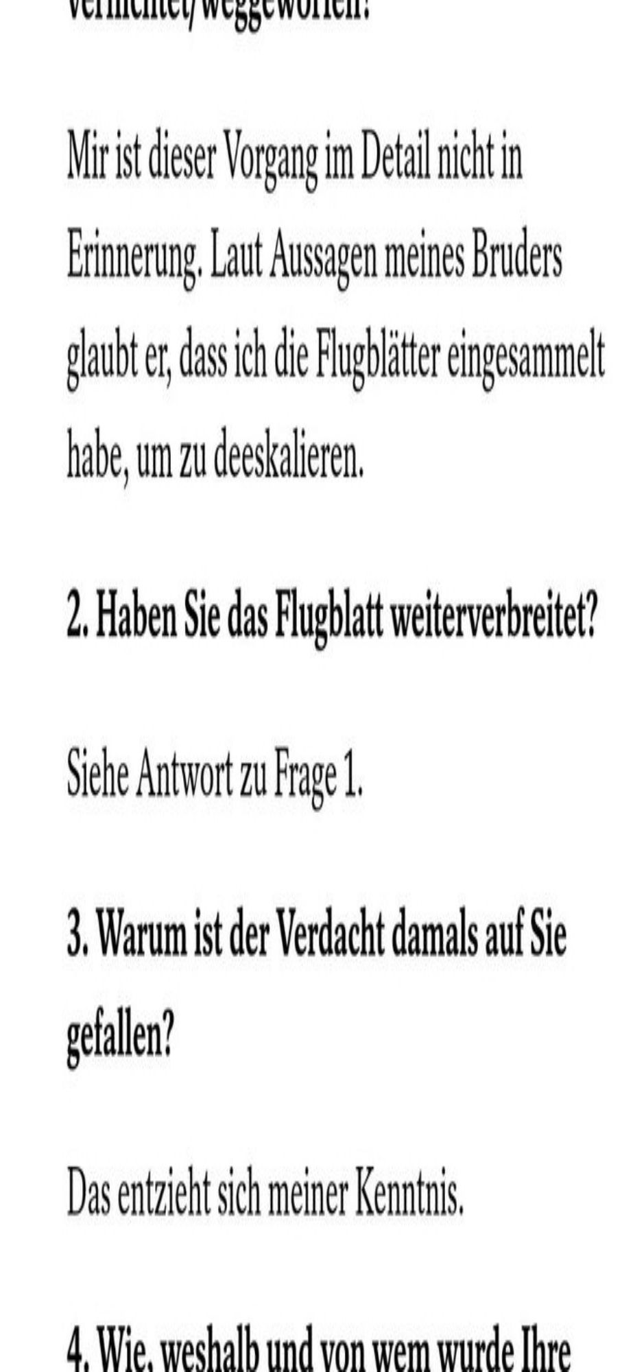 Ausschnitt aus den 25 Fragen von Söder an Aiwanger. Aiwanger beantwortet die Frage danach ob er das Flugblatt weiterverbreitet habe mit: „Siehe Antwort zu Frage 1.“