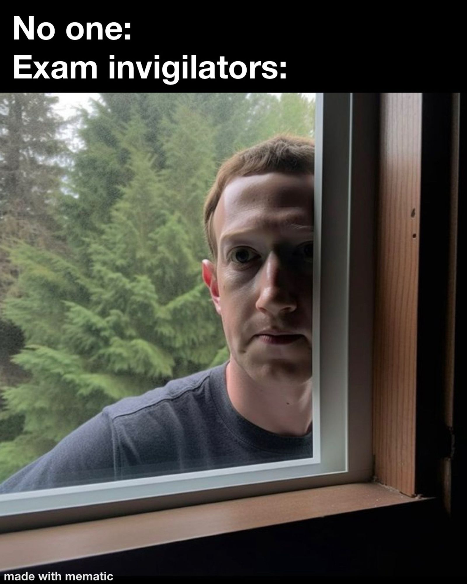 Mark Zuckerberg staring through window meme, captioned "No one: Exam invigilators:".