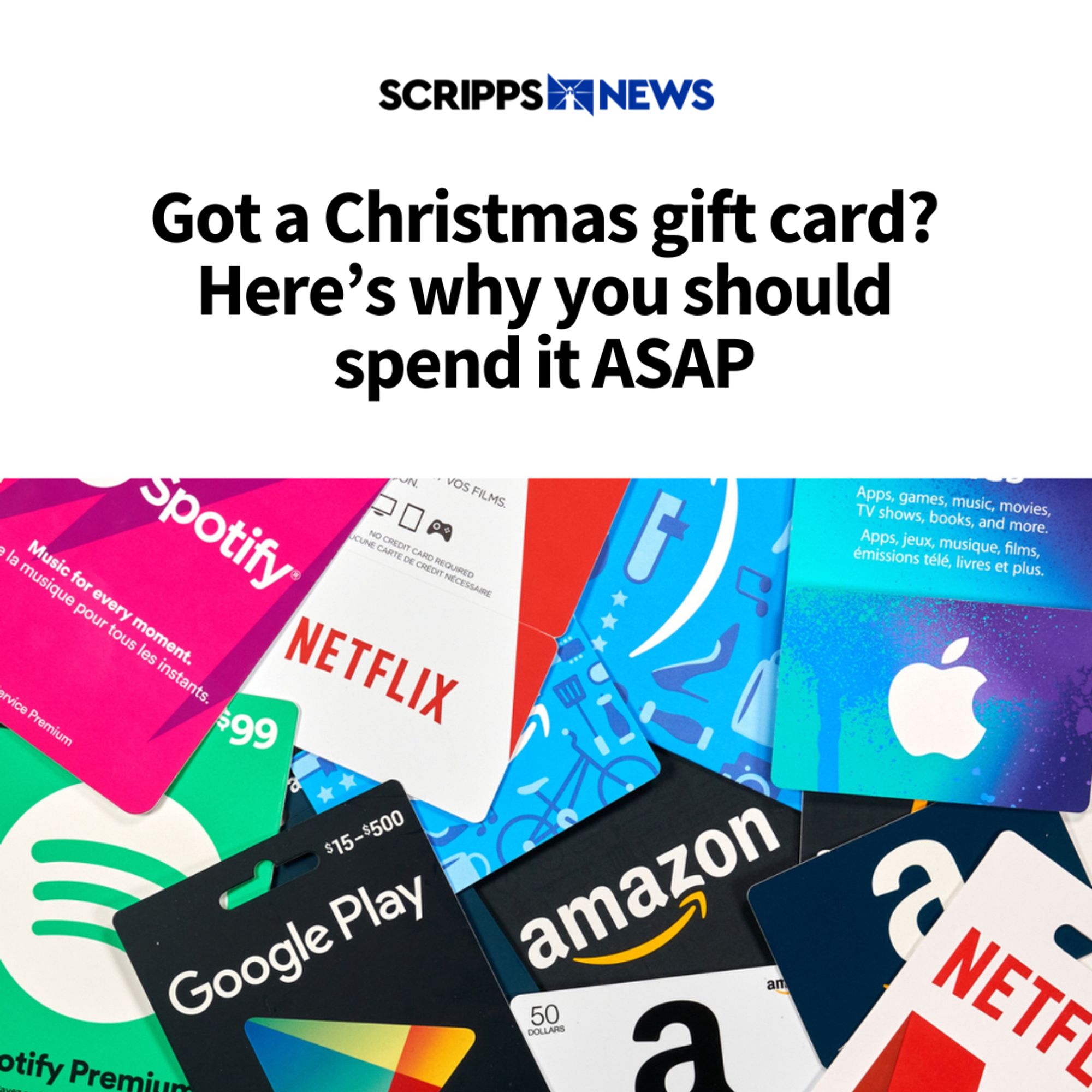 A batch of different gift cards from Amazon, Netflix, Spotify, and more.