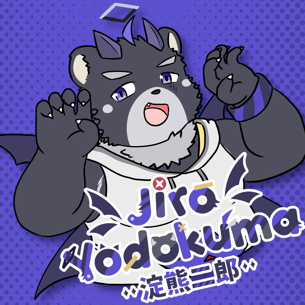 an image of jiro yodokuma with his logo at the bottom. he is a grey moonbear with his paws up and fingers curled as if to pounce, but his smile shows that it's a friendly "RAWR XD" pose instead.